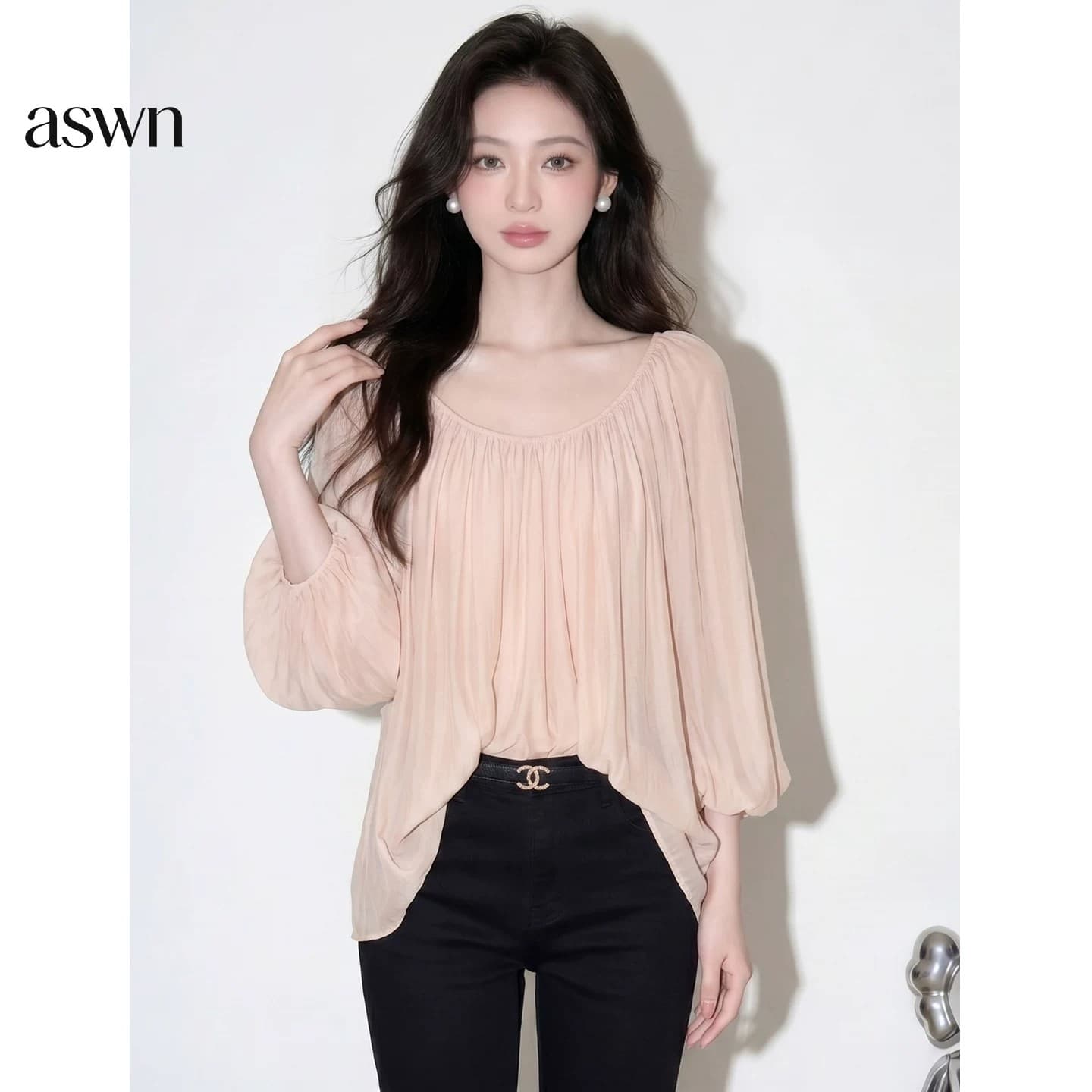 aswn 프랑스식 벌룬 소매 쉬폰 여성 셔츠 여름 2026 새로운 고유 한 아름다운 디자인 센스 핀치 Pleat 마이크로 ~을 통해 의류