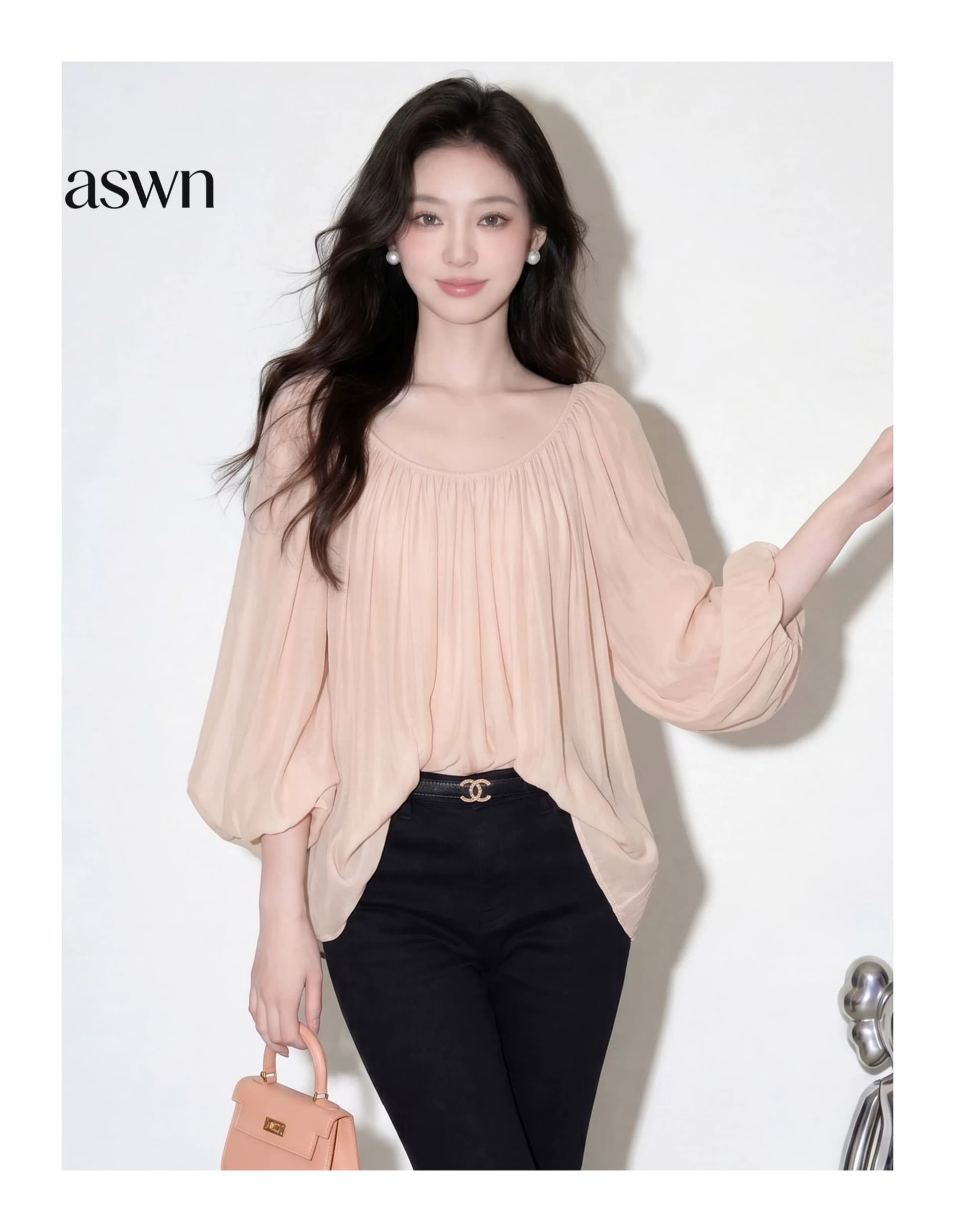aswn 프랑스식 벌룬 소매 쉬폰 여성 셔츠 여름 2026 새로운 고유 한 아름다운 디자인 센스 핀치 Pleat 마이크로 ~을 통해 의류 상세 이미지 7