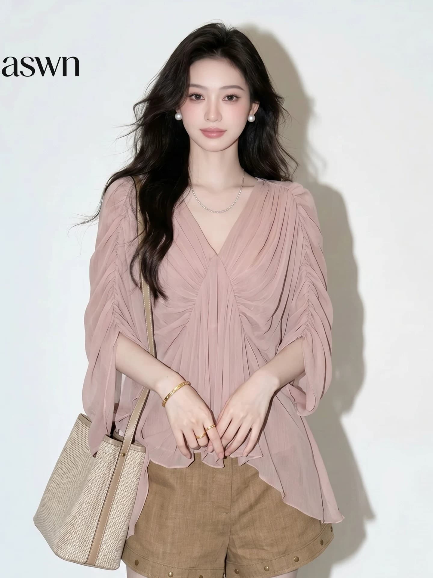 콩 페이스트 분말 V넥 주름 자외선 차단 쉬폰 여성 셔츠 여름 2026 새로운 프랑스식 사소한 아름다운 불규칙 맨위 상세 이미지 7