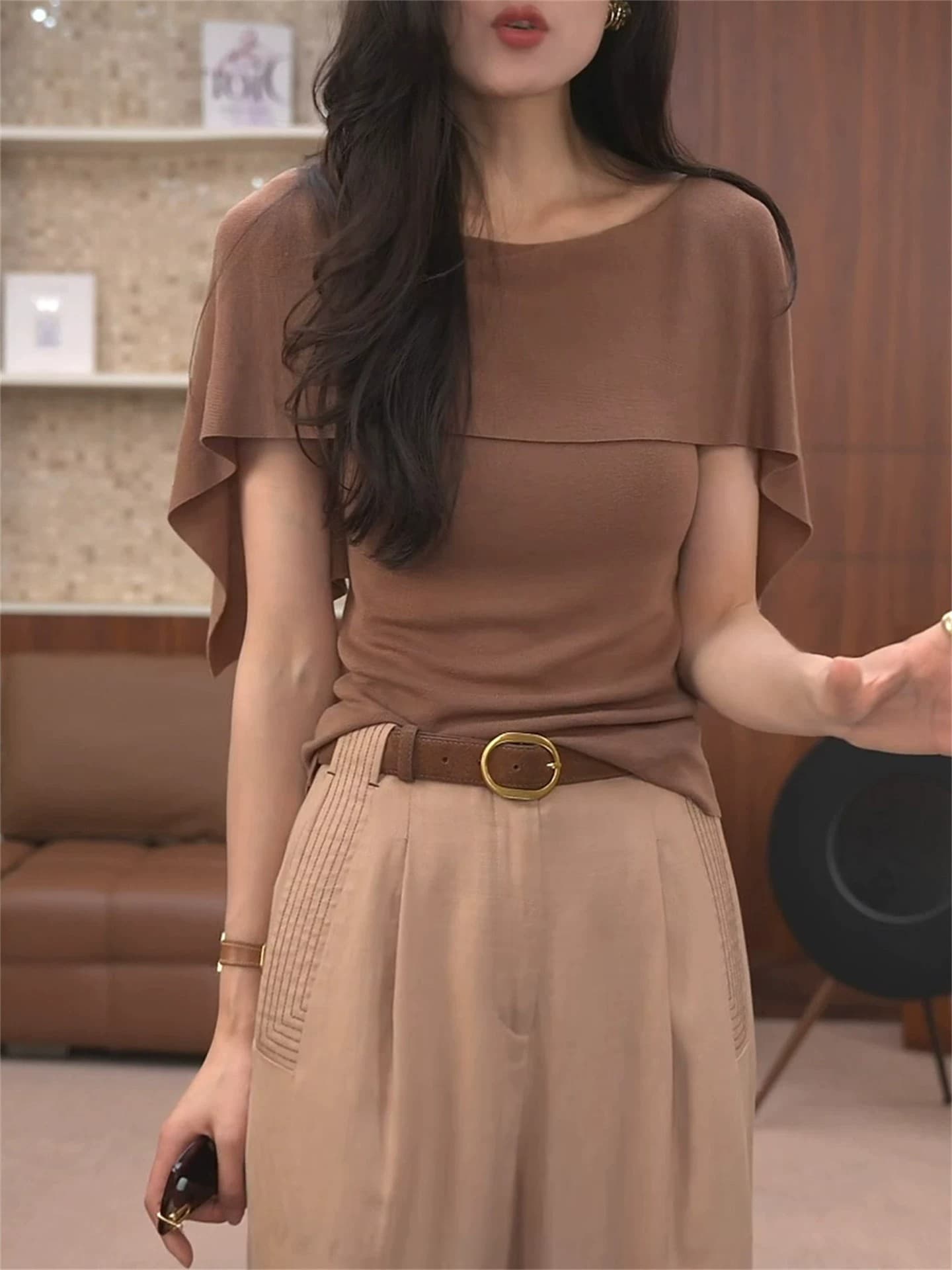 프랑스식 고급 센스 낙타 숄 니트 반팔 티셔츠 여성 자이언트 잘 생긴 ~ 중 여름 튀김 거리 Chic 아름다운 맨위 상세 이미지 3