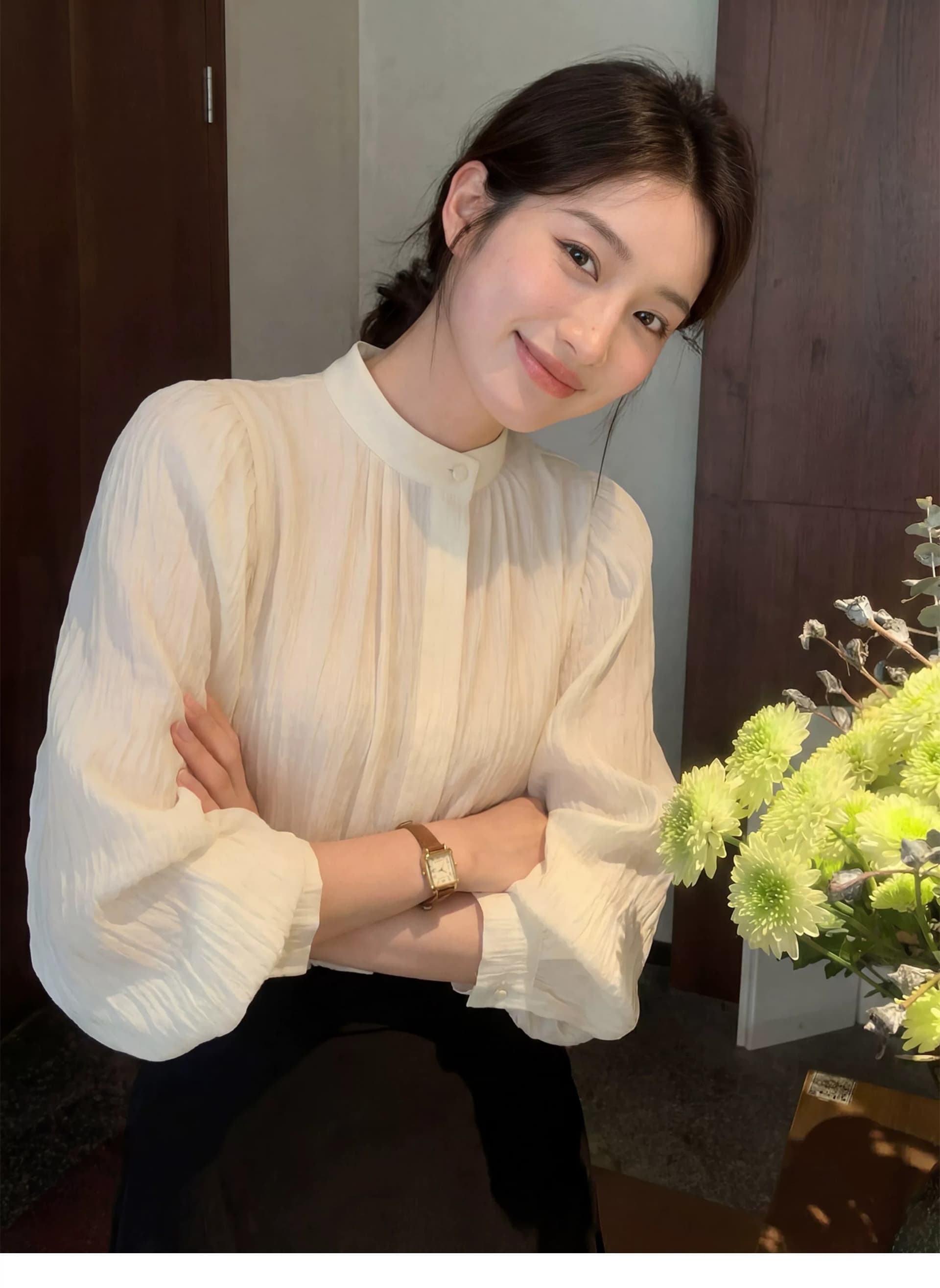 화이트 빛 요리 한 벌룬 소매 스탠드 칼라 셔츠 여성 긴 소매 셔츠 2026 봄 새로운 고급 센스 품격 맨위 여성 상세 이미지 4