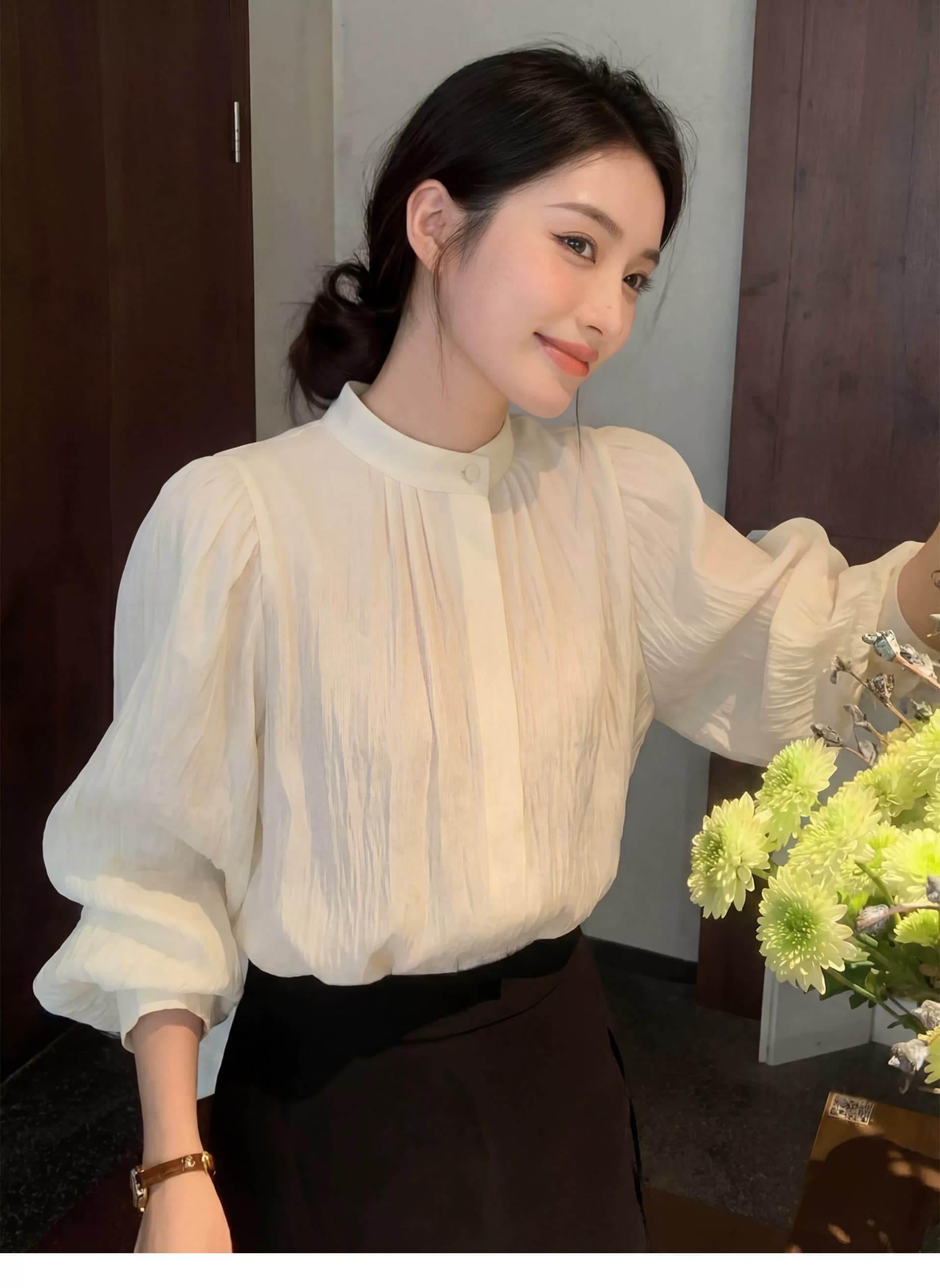 화이트 빛 요리 한 벌룬 소매 스탠드 칼라 셔츠 여성 긴 소매 셔츠 2026 봄 새로운 고급 센스 품격 맨위 여성 상세 이미지 8