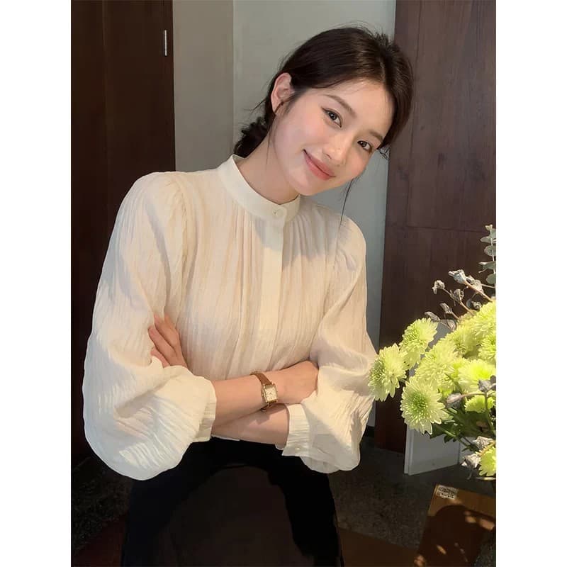 화이트 빛 요리 한 벌룬 소매 스탠드 칼라 셔츠 여성 긴 소매 셔츠 2026 봄 새로운 고급 센스 품격 맨위 여성 상세 이미지 18