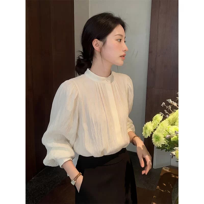 화이트 빛 요리 한 벌룬 소매 스탠드 칼라 셔츠 여성 긴 소매 셔츠 2026 봄 새로운 고급 센스 품격 맨위 여성 상세 이미지 19