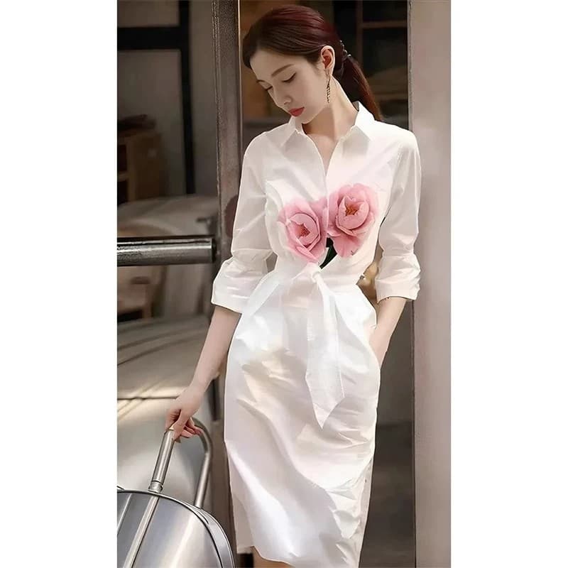 프랑스식 고유 한 아름다운 작은 치마 패션 캐주얼 화이트 프린트 셔츠 여성 드레스 봄 가을 2025 새로운 이미지 2