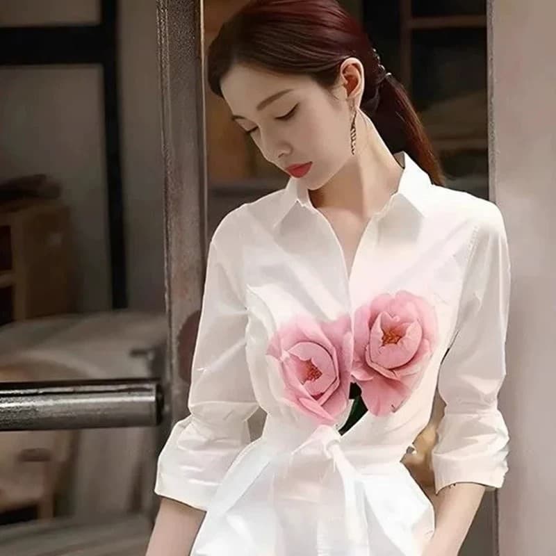 프랑스식 고유 한 아름다운 작은 치마 패션 캐주얼 화이트 프린트 셔츠 여성 드레스 봄 가을 2025 새로운 이미지 6