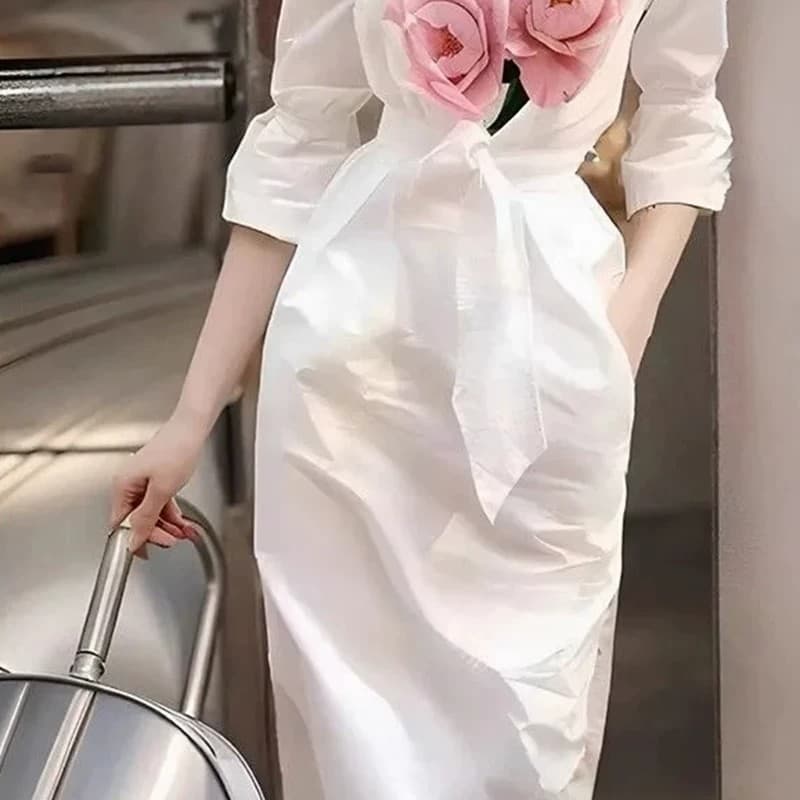 프랑스식 고유 한 아름다운 작은 치마 패션 캐주얼 화이트 프린트 셔츠 여성 드레스 봄 가을 2025 새로운 이미지 3