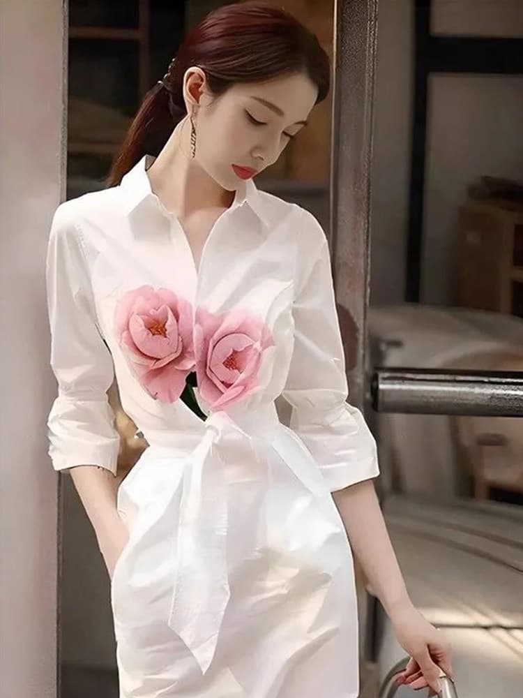 프랑스식 고유 한 아름다운 작은 치마 패션 캐주얼 화이트 프린트 셔츠 여성 드레스 봄 가을 2025 새로운 상세 이미지 1