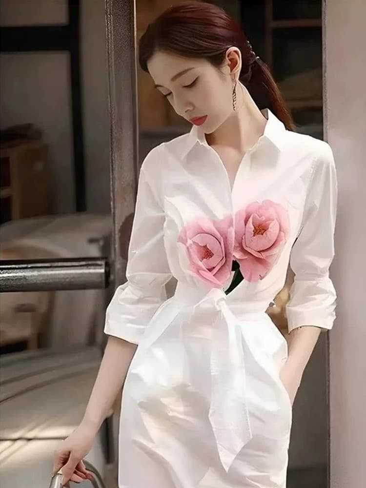 프랑스식 고유 한 아름다운 작은 치마 패션 캐주얼 화이트 프린트 셔츠 여성 드레스 봄 가을 2025 새로운 상세 이미지 2