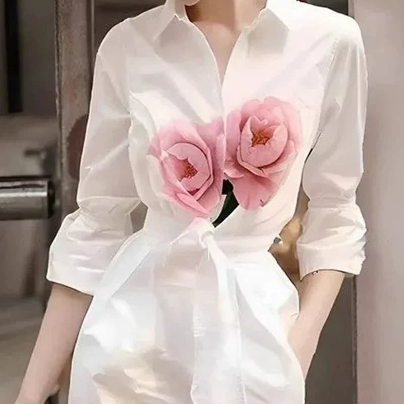 프랑스식 고유 한 아름다운 작은 치마 패션 캐주얼 화이트 프린트 셔츠 여성 드레스 봄 가을 2025 새로운 상세 이미지 9