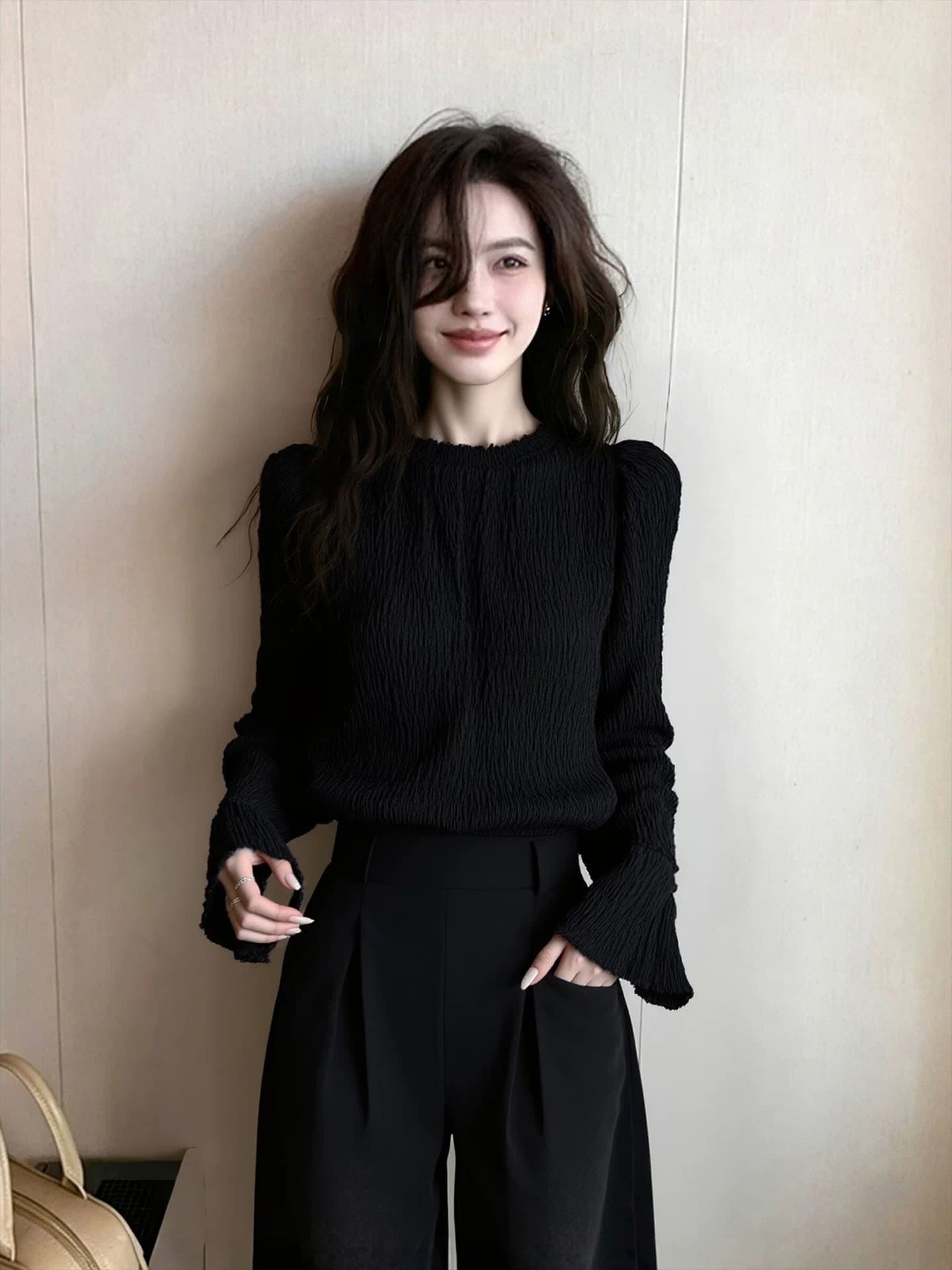 빛 럭셔리 바람 고급 센스 품격 검정색 여성 셔츠 봄 2026 새로운 디자인 센스 작은 대중 셔츠 슬림해 보이는 맨위 상세 이미지 8