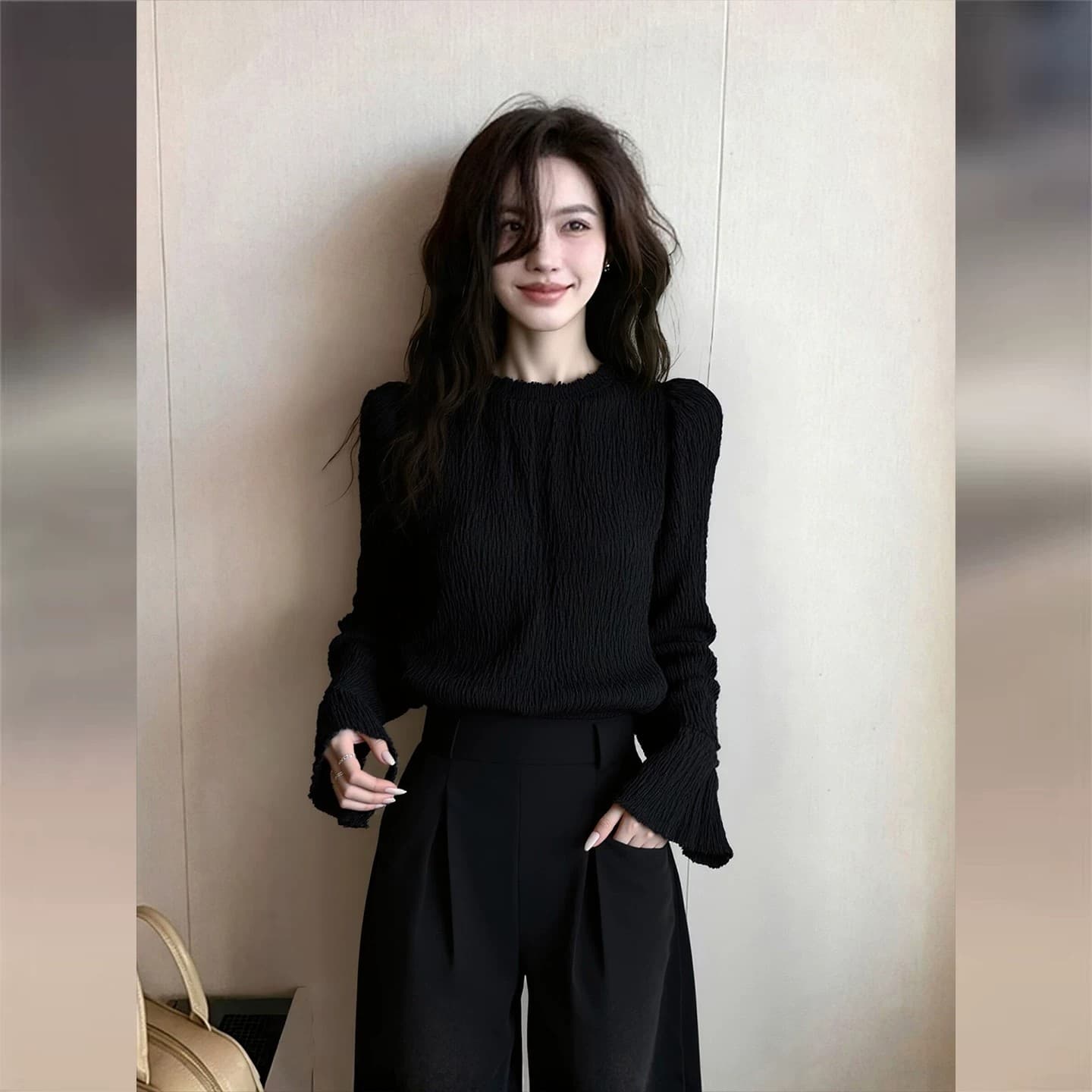 빛 럭셔리 바람 고급 센스 품격 검정색 여성 셔츠 봄 2026 새로운 디자인 센스 작은 대중 셔츠 슬림해 보이는 맨위 상세 이미지 12