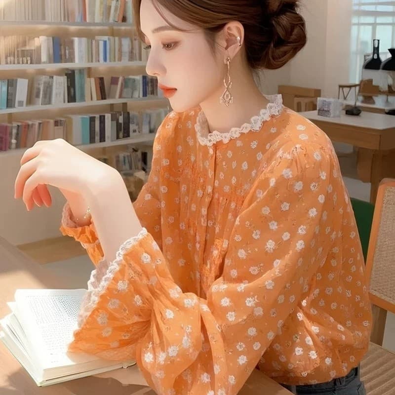 주황색 꽃무늬 셔츠 봄 2025 새로운 여성 의류 프랑스식 도파민 맨위 고유 한 잘 생긴 레이스 측면 작은 셔츠 상세 이미지 8