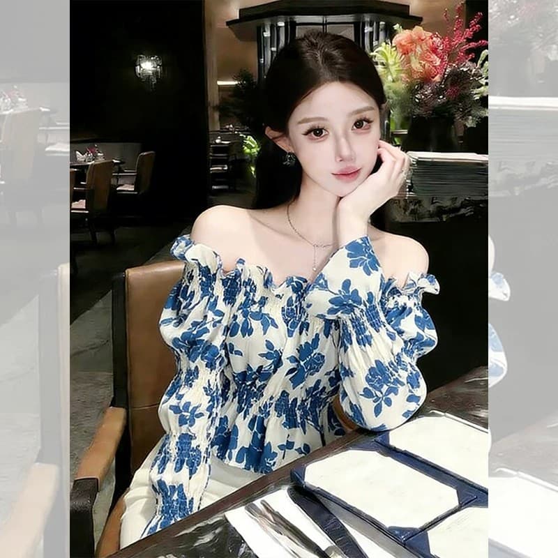 여름 프랑스식 Chic 오프숄더 맨위 여성 봄 드레스 새로운 꽃무늬 셔츠 chic 오프숄더 긴팔 달콤함 셔츠 이미지 2