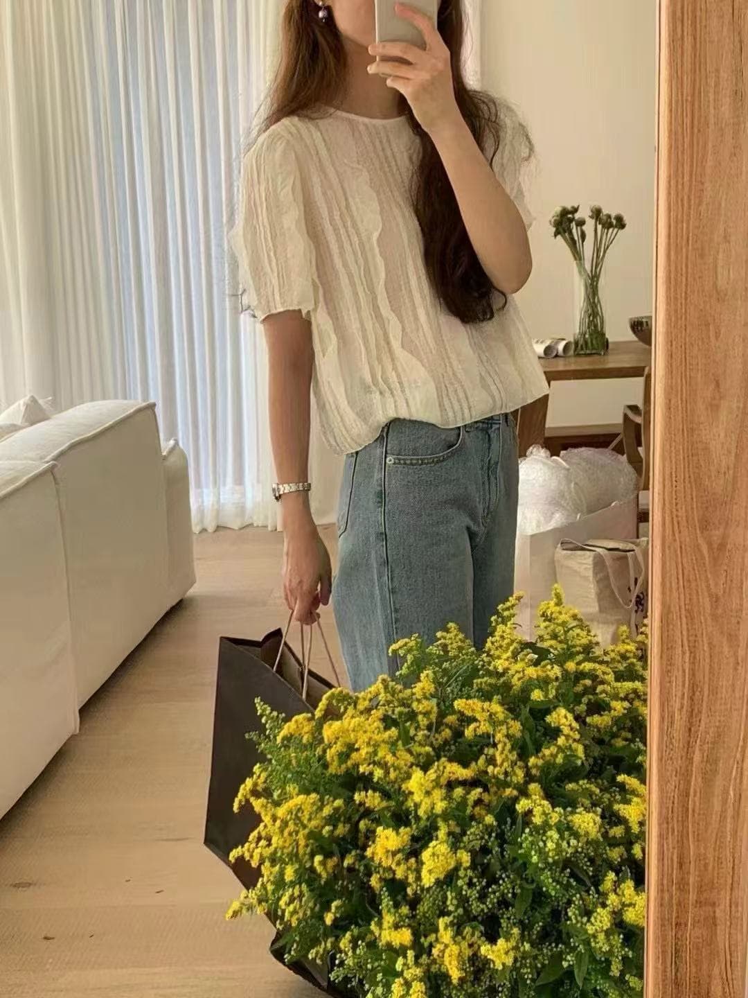 달콤한 스타일 프릴 라운드 넥 반팔 쉬폰 블라우스 셔츠 한국 스타일 chic 작은 대중 디자인 센스 빛 요리 한 패션 상세 이미지 4