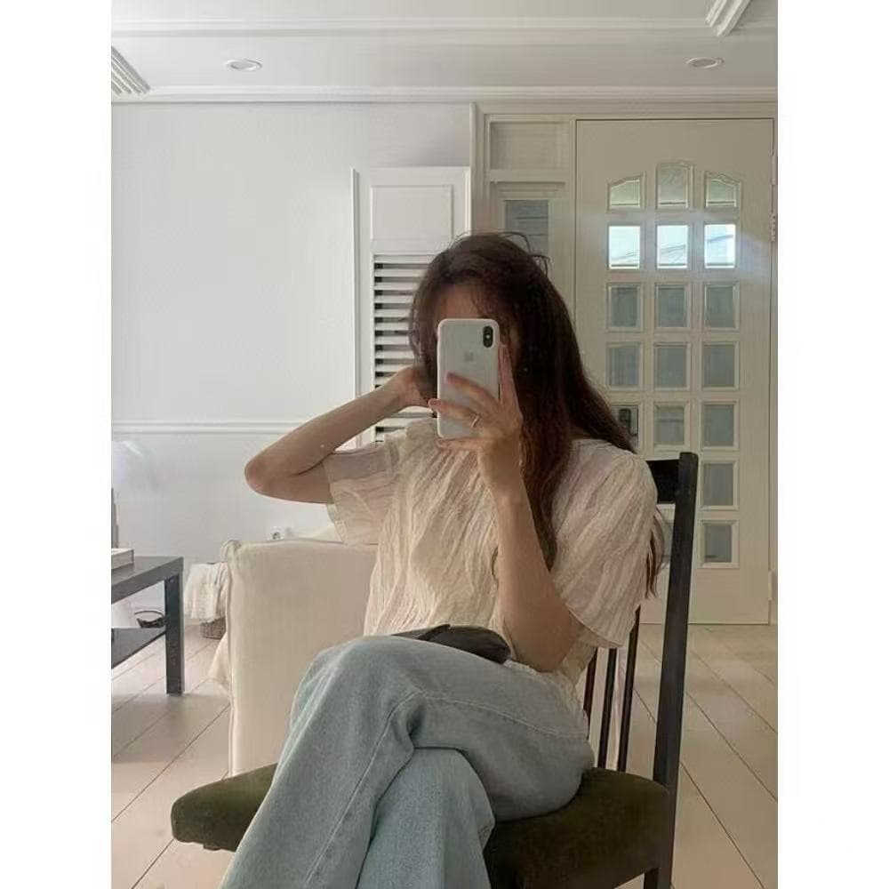 달콤한 스타일 프릴 라운드 넥 반팔 쉬폰 블라우스 셔츠 한국 스타일 chic 작은 대중 디자인 센스 빛 요리 한 패션 상세 이미지 18