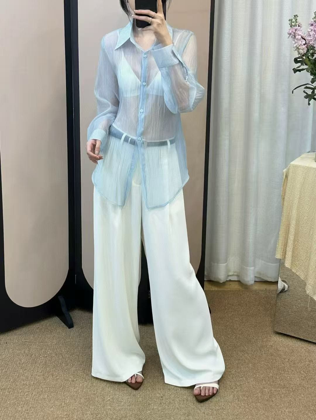 섹시함 바람 시스루 긴팔 여성 셔츠 한국 스타일 chic 상세 이미지 18