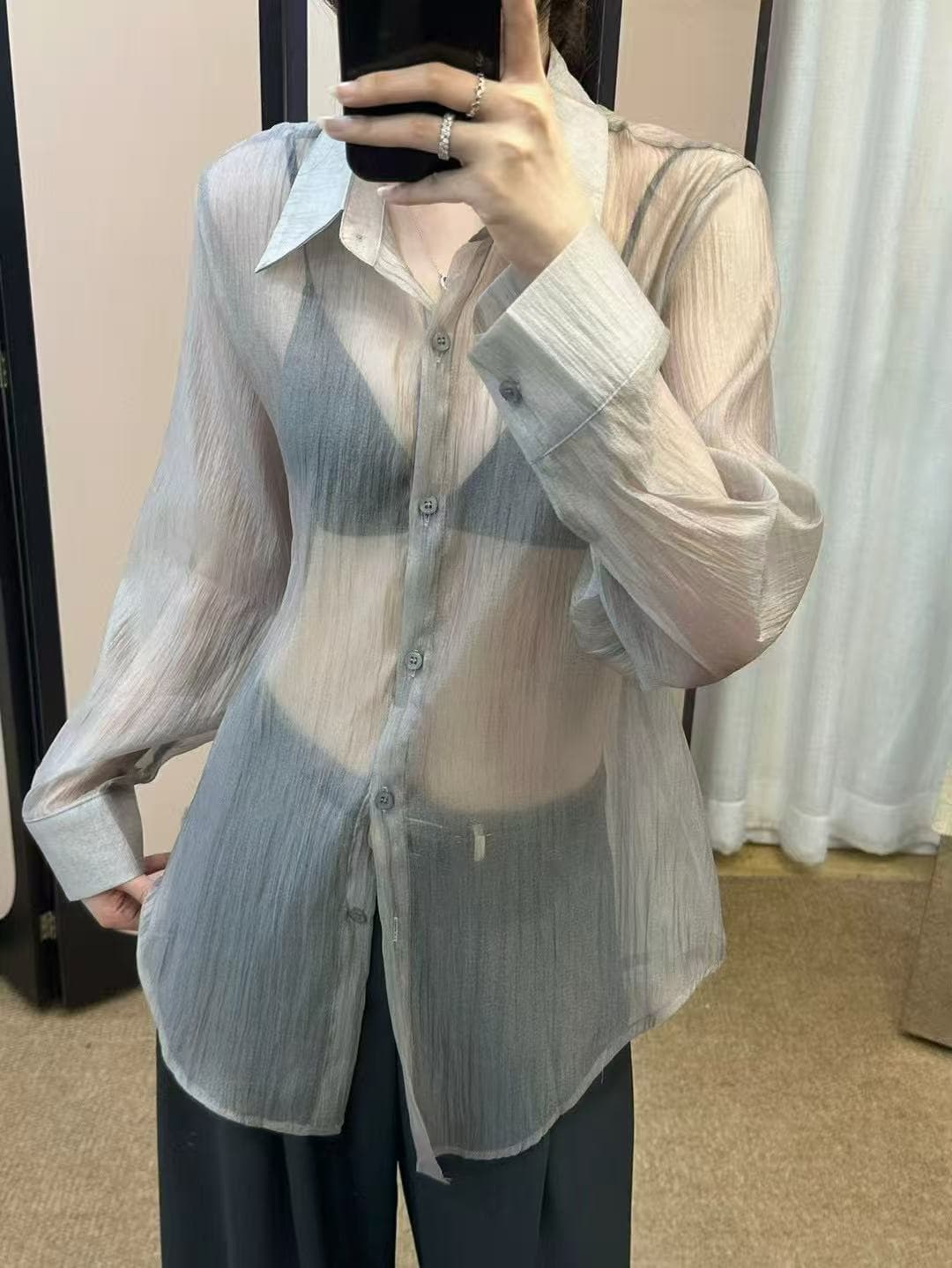 섹시함 바람 시스루 긴팔 여성 셔츠 한국 스타일 chic 상세 이미지 19