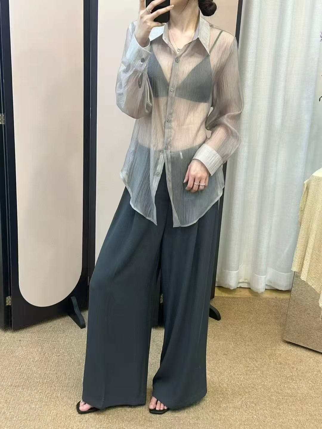 섹시함 바람 시스루 긴팔 여성 셔츠 한국 스타일 chic 상세 이미지 21
