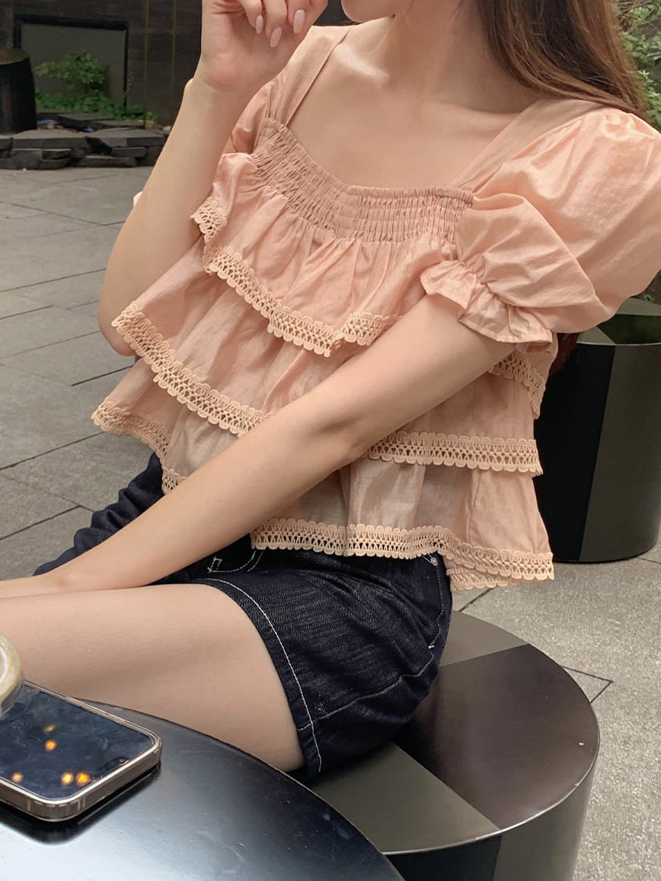무거운 작업 달콤함 레이스 레이스 반팔 쉬폰 블라우스 한국 스타일 chic 빛 요리 한 패션 작은 대중 디자인 센스 소녀 이미지 3