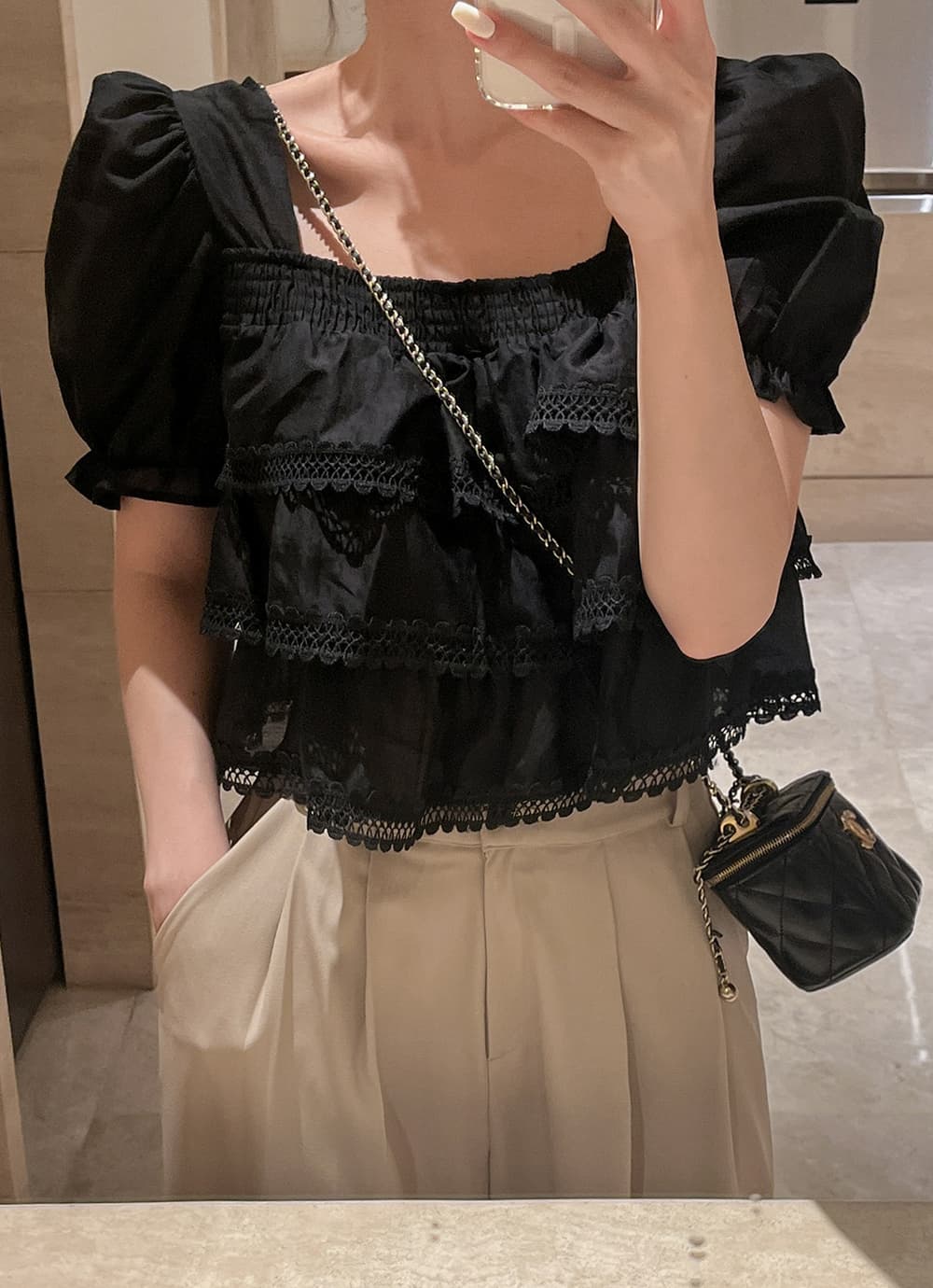 무거운 작업 달콤함 레이스 레이스 반팔 쉬폰 블라우스 한국 스타일 chic 빛 요리 한 패션 작은 대중 디자인 센스 소녀 상세 이미지 30