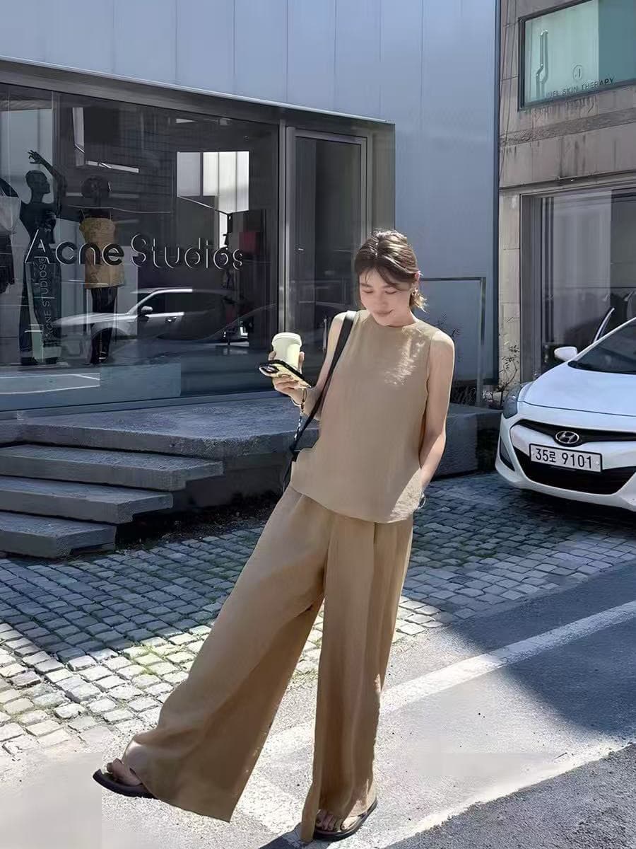 미니멀리즘 바람 단색 조끼 와이드 레그 팬츠 긴 바지 패션 투피스 슈트 한국 스타일 chic 루즈핏 빅 사이즈 여성 레저 이미지 3