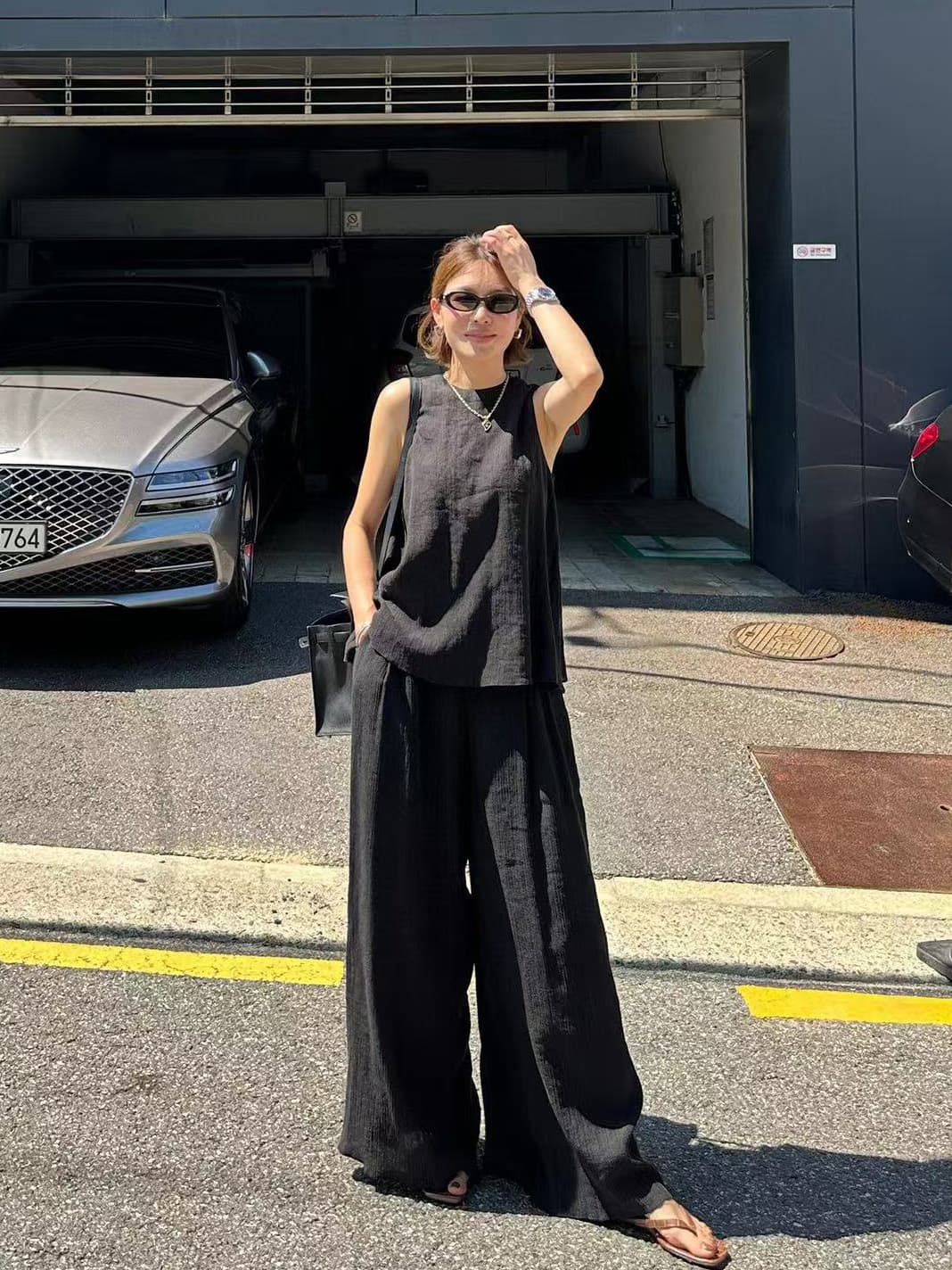 미니멀리즘 바람 단색 조끼 와이드 레그 팬츠 긴 바지 패션 투피스 슈트 한국 스타일 chic 루즈핏 빅 사이즈 여성 레저 이미지 4