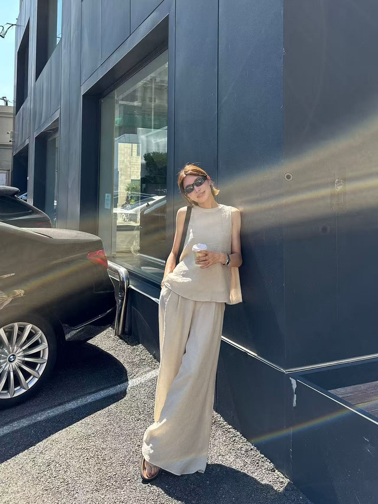 미니멀리즘 바람 단색 조끼 와이드 레그 팬츠 긴 바지 패션 투피스 슈트 한국 스타일 chic 루즈핏 빅 사이즈 여성 레저 상세 이미지 3
