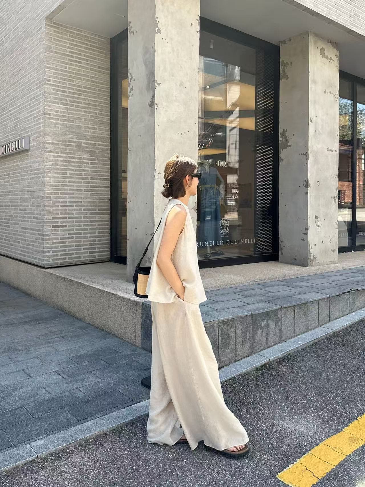 미니멀리즘 바람 단색 조끼 와이드 레그 팬츠 긴 바지 패션 투피스 슈트 한국 스타일 chic 루즈핏 빅 사이즈 여성 레저 상세 이미지 4