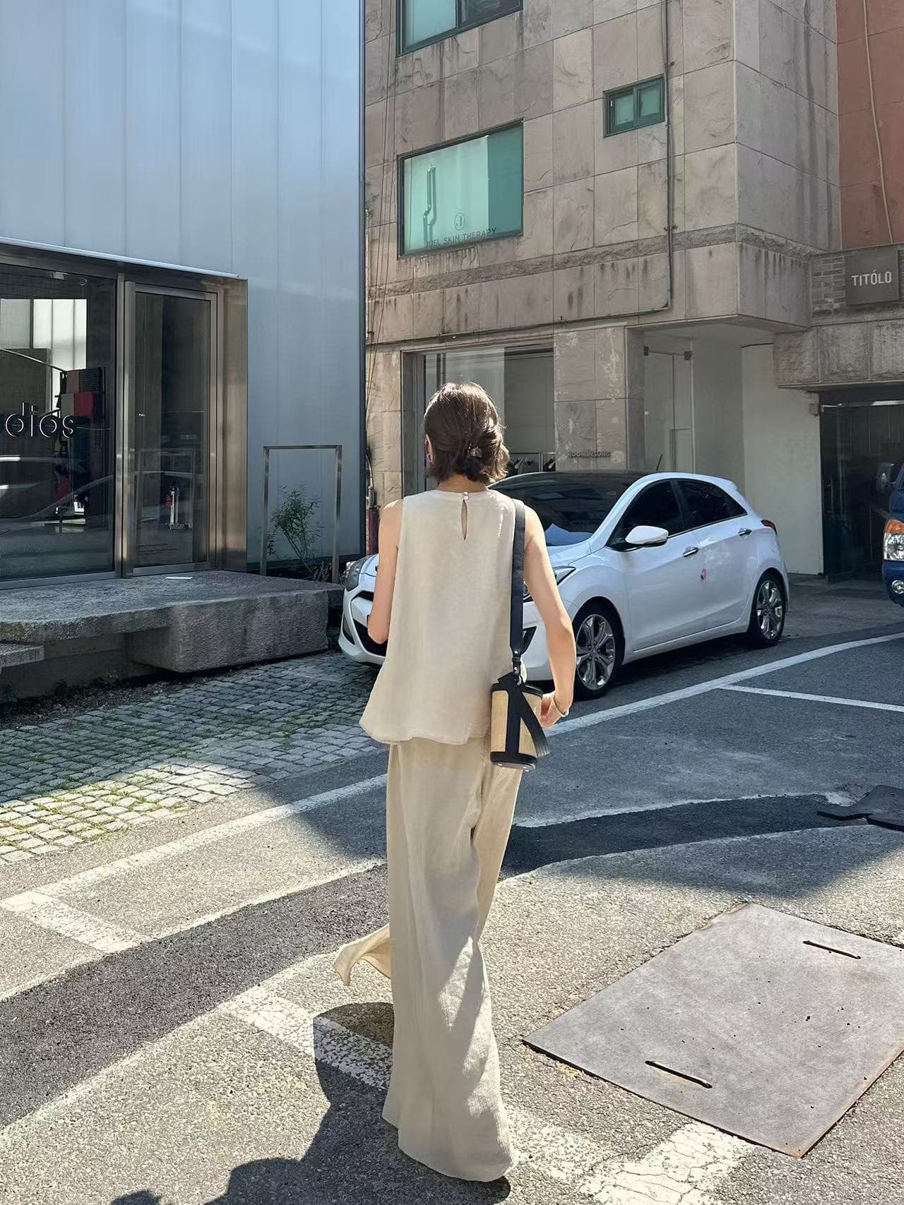 미니멀리즘 바람 단색 조끼 와이드 레그 팬츠 긴 바지 패션 투피스 슈트 한국 스타일 chic 루즈핏 빅 사이즈 여성 레저 상세 이미지 5