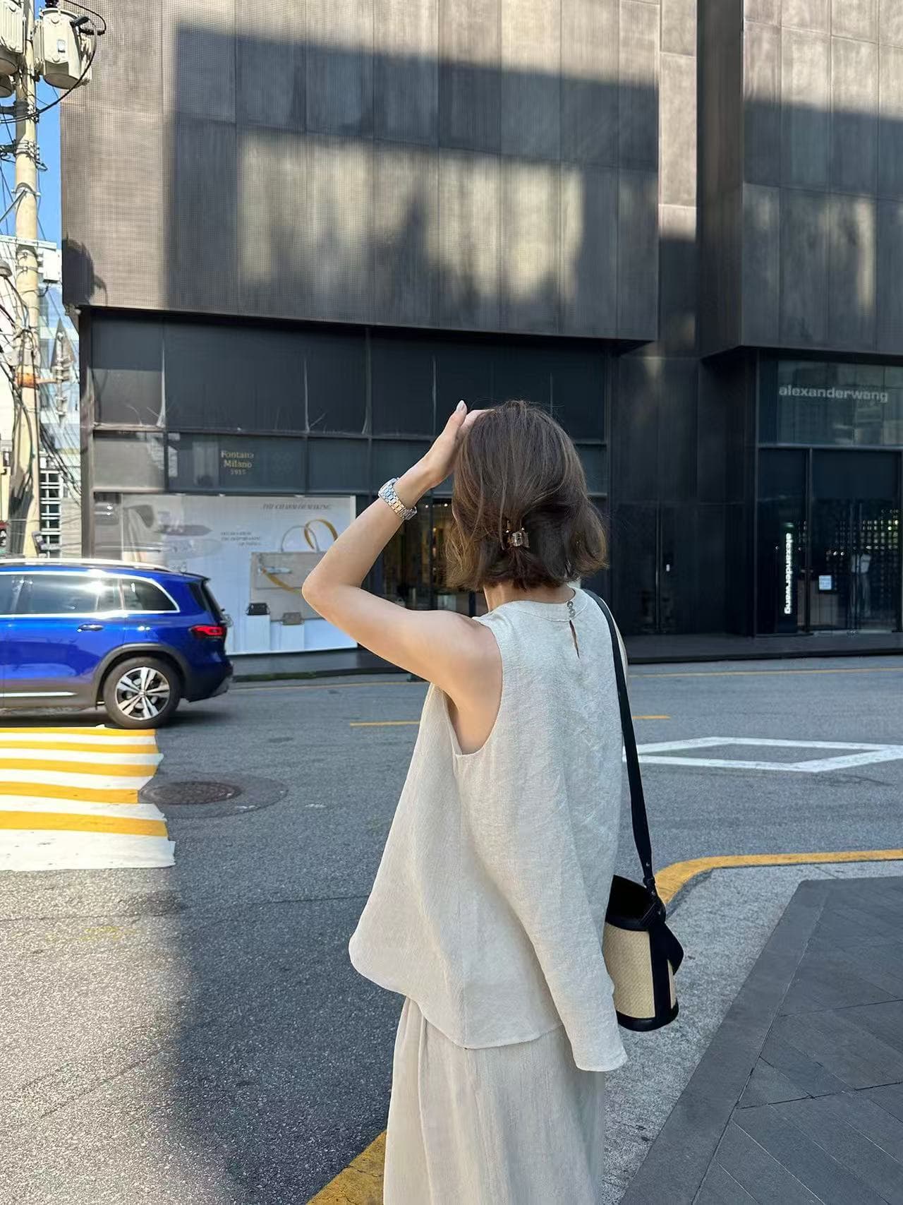 미니멀리즘 바람 단색 조끼 와이드 레그 팬츠 긴 바지 패션 투피스 슈트 한국 스타일 chic 루즈핏 빅 사이즈 여성 레저 상세 이미지 6