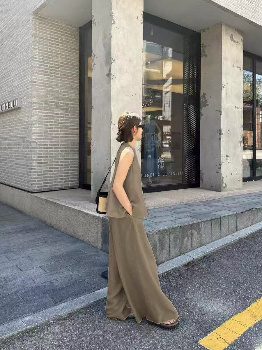 미니멀리즘 바람 단색 조끼 와이드 레그 팬츠 긴 바지 패션 투피스 슈트 한국 스타일 chic 루즈핏 빅 사이즈 여성 레저 상세 이미지 9