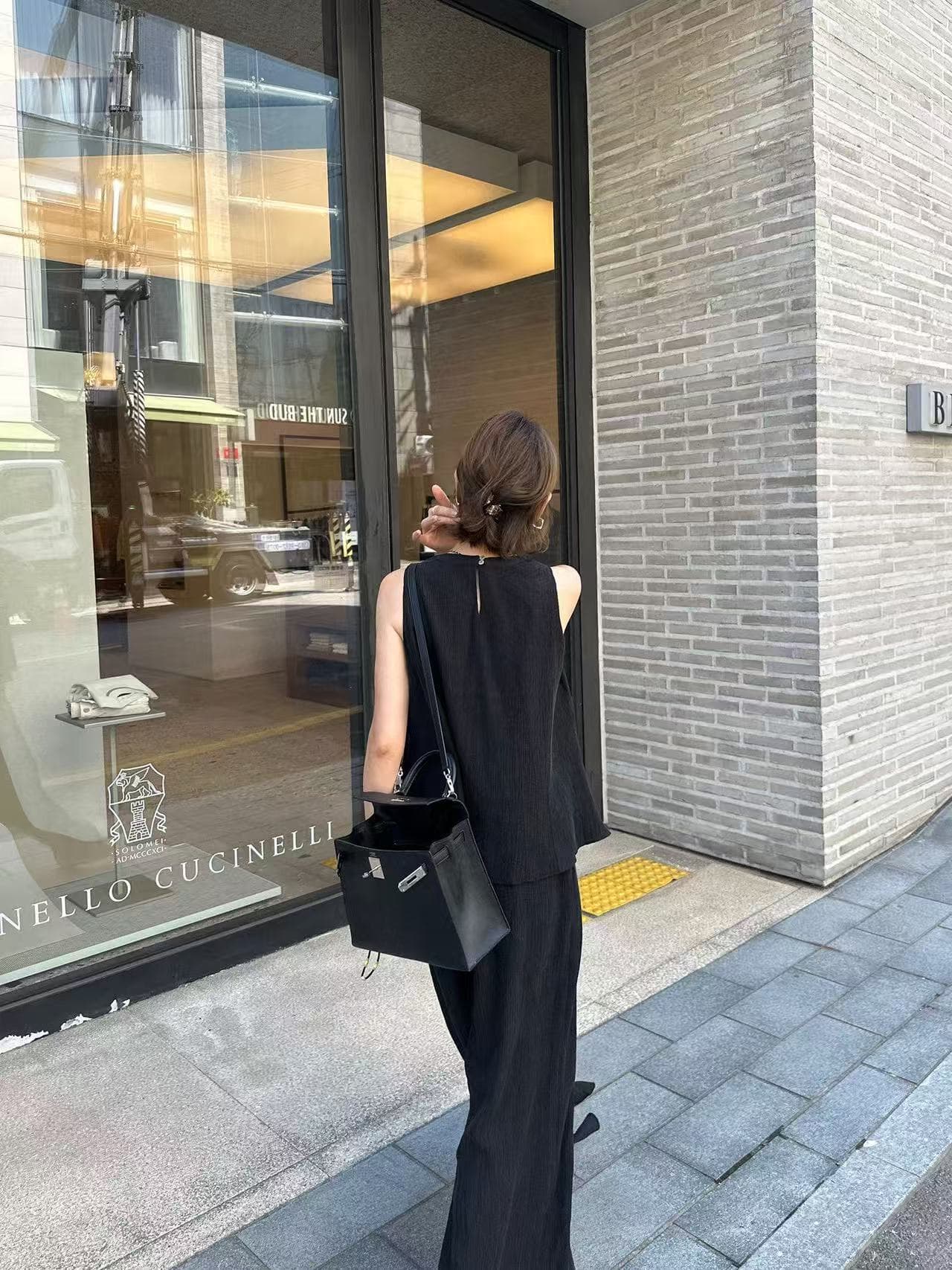 미니멀리즘 바람 단색 조끼 와이드 레그 팬츠 긴 바지 패션 투피스 슈트 한국 스타일 chic 루즈핏 빅 사이즈 여성 레저 상세 이미지 11
