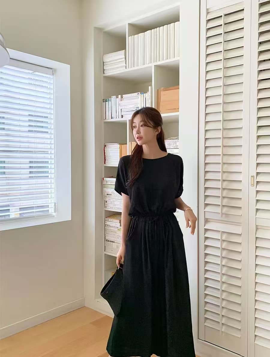 미니멀리즘 바람 루즈핏 반팔 셔츠 맨위 허리밴드 와이드 레그 팬츠 긴 바지 투피스 슈트 한국 스타일 chic 상세 이미지 6