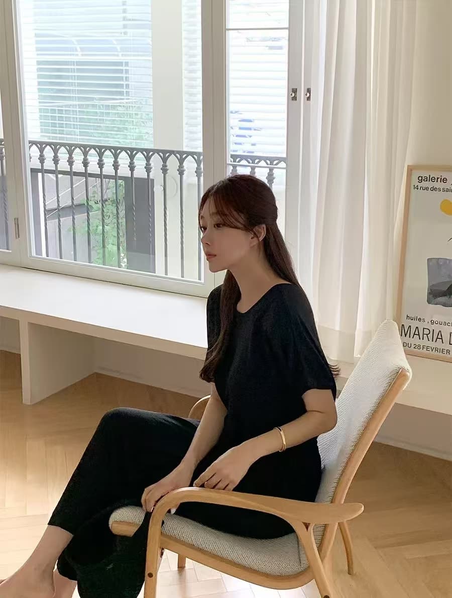 미니멀리즘 바람 루즈핏 반팔 셔츠 맨위 허리밴드 와이드 레그 팬츠 긴 바지 투피스 슈트 한국 스타일 chic 상세 이미지 8