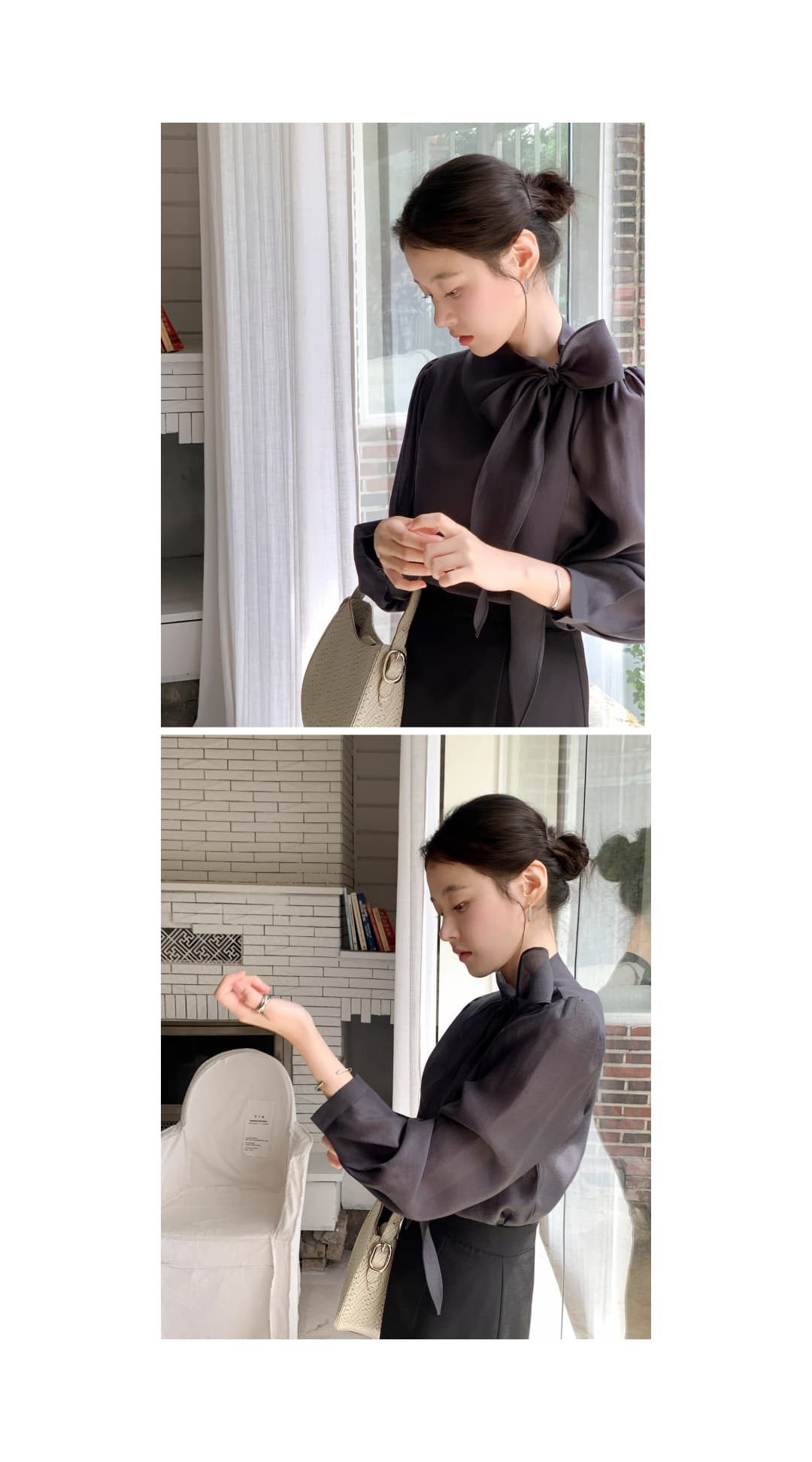 칼라 부서 나비 매듭 쉬폰 블라우스 셔츠 상세 이미지 11