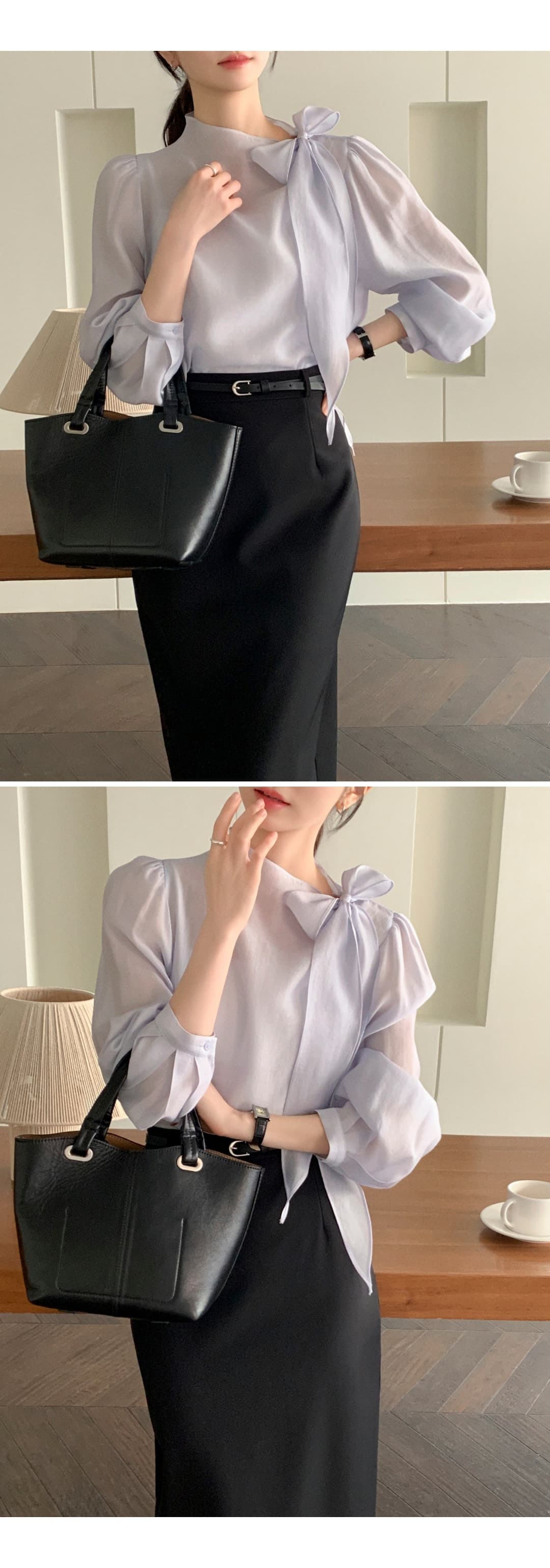 칼라 부서 나비 매듭 쉬폰 블라우스 셔츠 상세 이미지 31