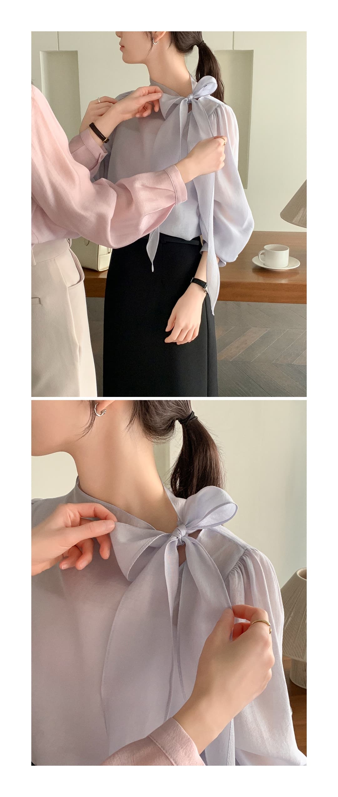 칼라 부서 나비 매듭 쉬폰 블라우스 셔츠 상세 이미지 34