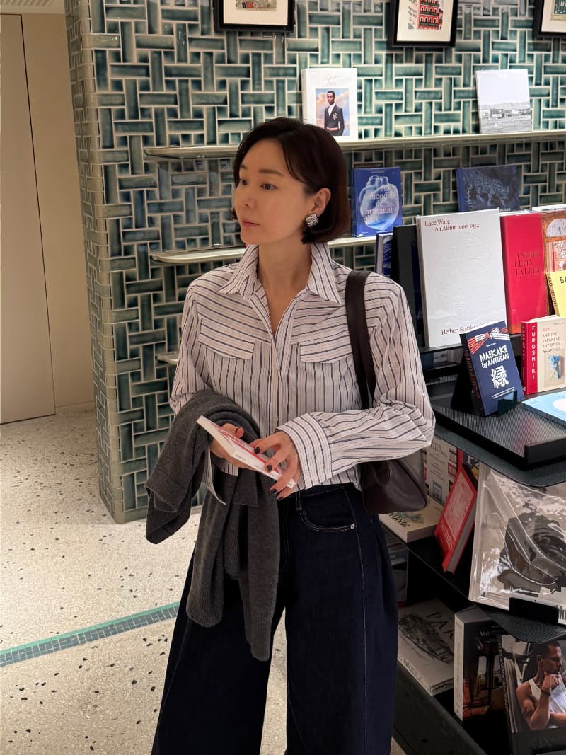 스트라이프 긴팔 셔츠 한국 chic 빛 요리 한 패션 다용도 싱글 줄 버튼 셔츠 이미지 3