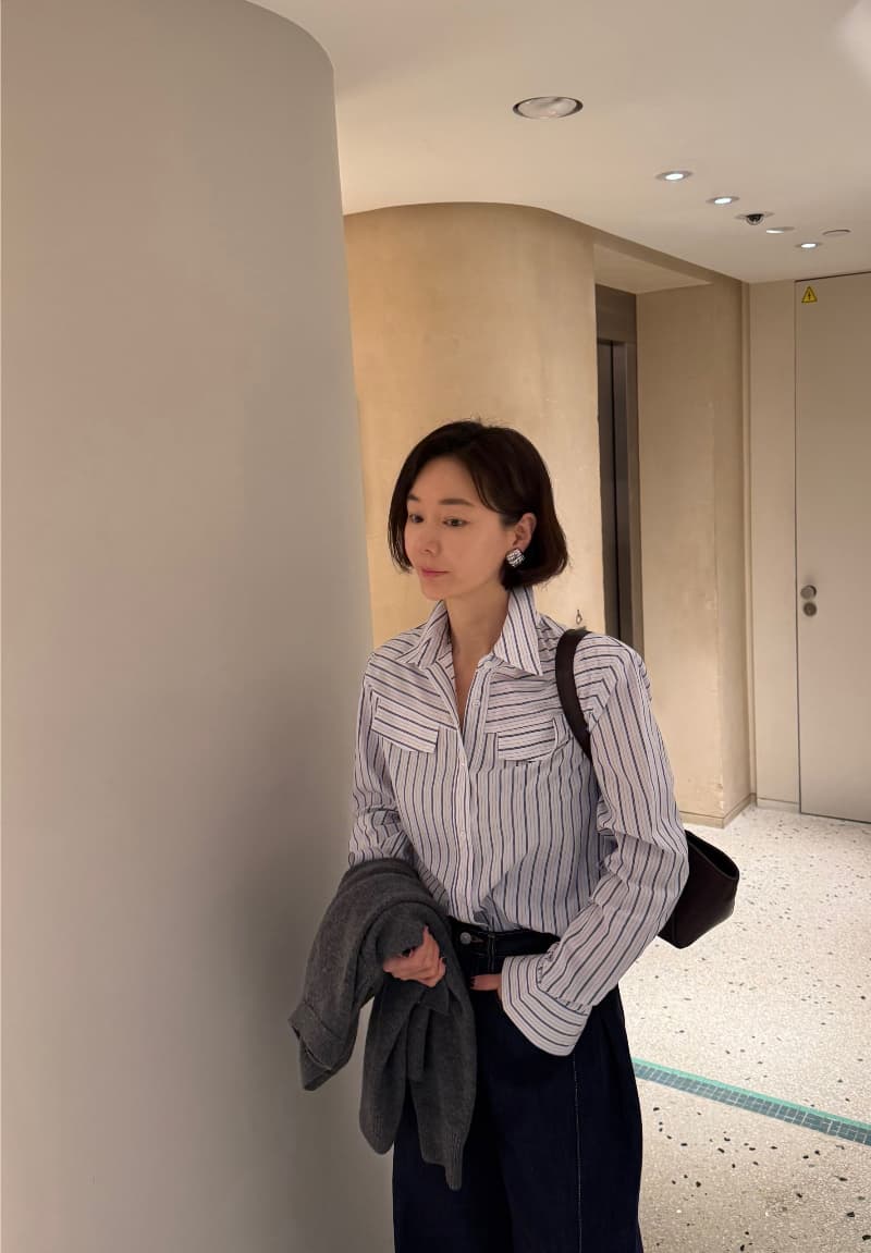 스트라이프 긴팔 셔츠 한국 chic 빛 요리 한 패션 다용도 싱글 줄 버튼 셔츠 상세 이미지 19
