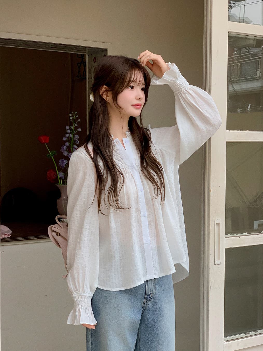 Chic 달콤함 나팔 소매 셔츠 한국 스타일 chic 작은 대중 디자인 센스 맨위 여성 셔츠 이미지 2
