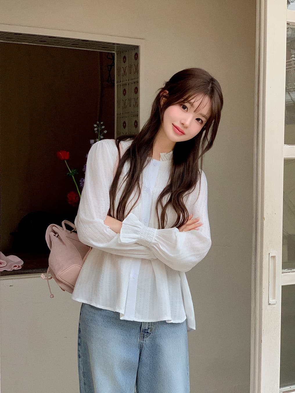 Chic 달콤함 나팔 소매 셔츠 한국 스타일 chic 작은 대중 디자인 센스 맨위 여성 셔츠 상세 이미지 3
