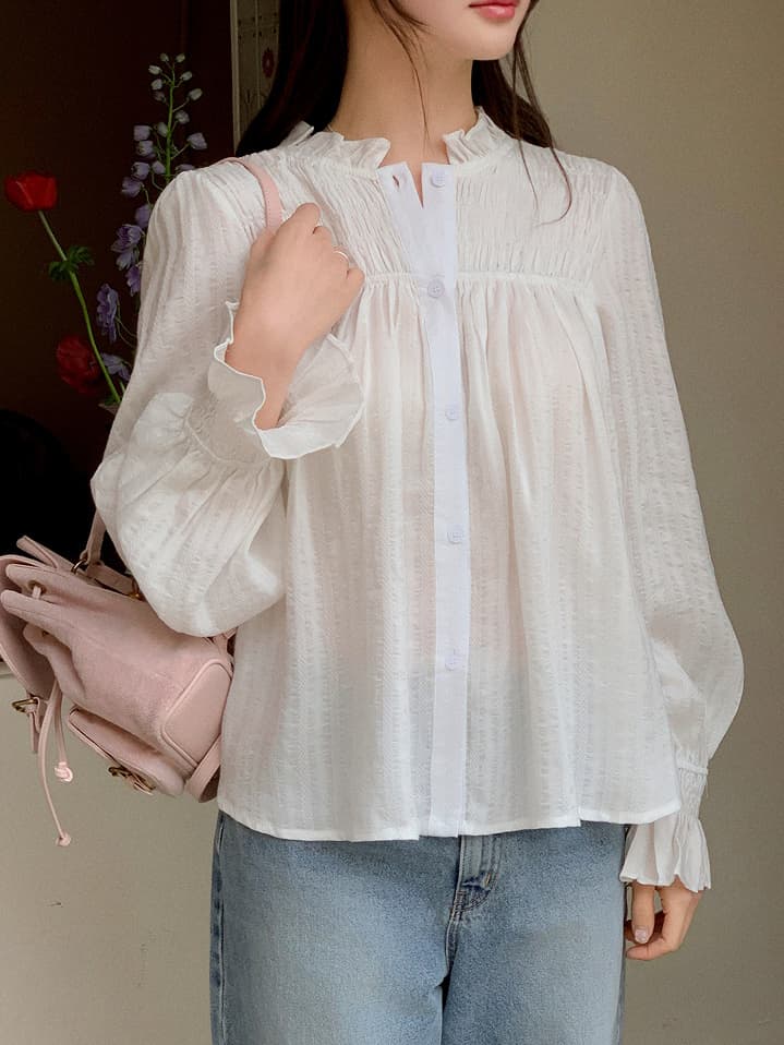 Chic 달콤함 나팔 소매 셔츠 한국 스타일 chic 작은 대중 디자인 센스 맨위 여성 셔츠 상세 이미지 4