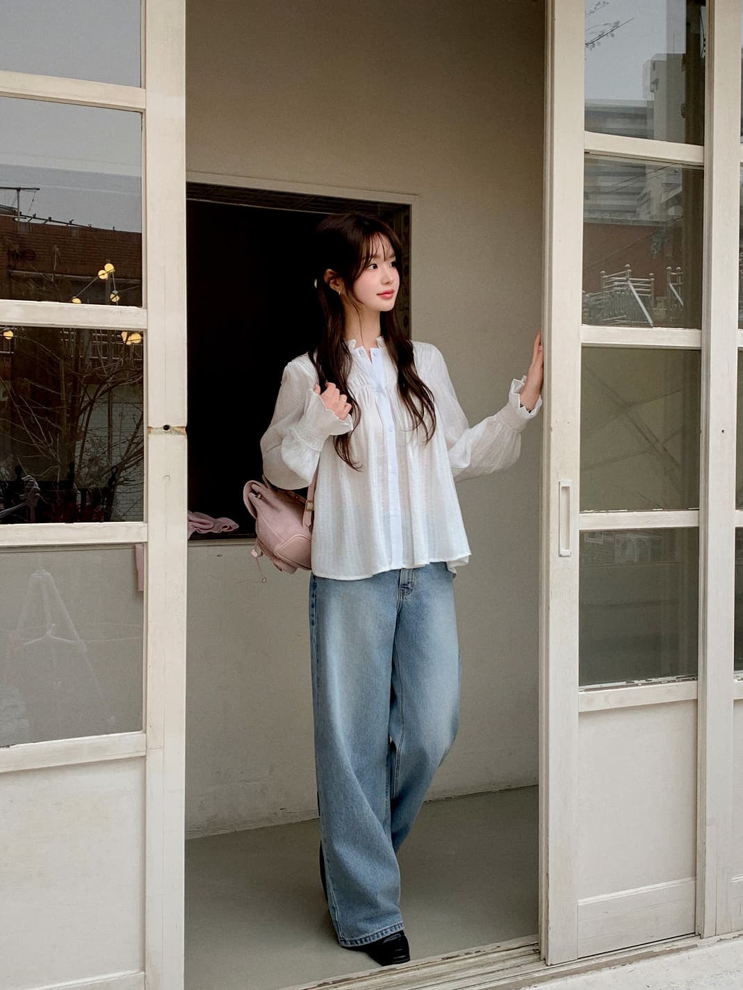 Chic 달콤함 나팔 소매 셔츠 한국 스타일 chic 작은 대중 디자인 센스 맨위 여성 셔츠 상세 이미지 5