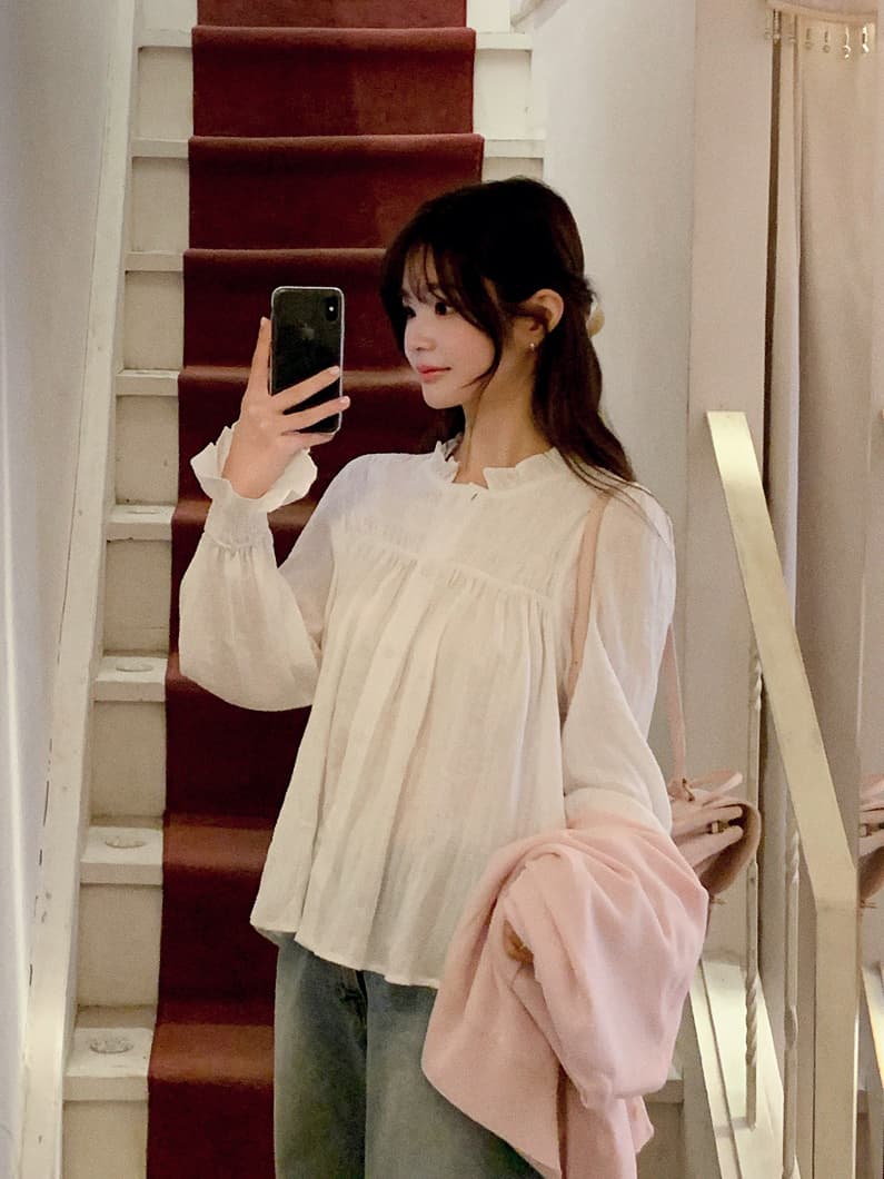 Chic 달콤함 나팔 소매 셔츠 한국 스타일 chic 작은 대중 디자인 센스 맨위 여성 셔츠 상세 이미지 8