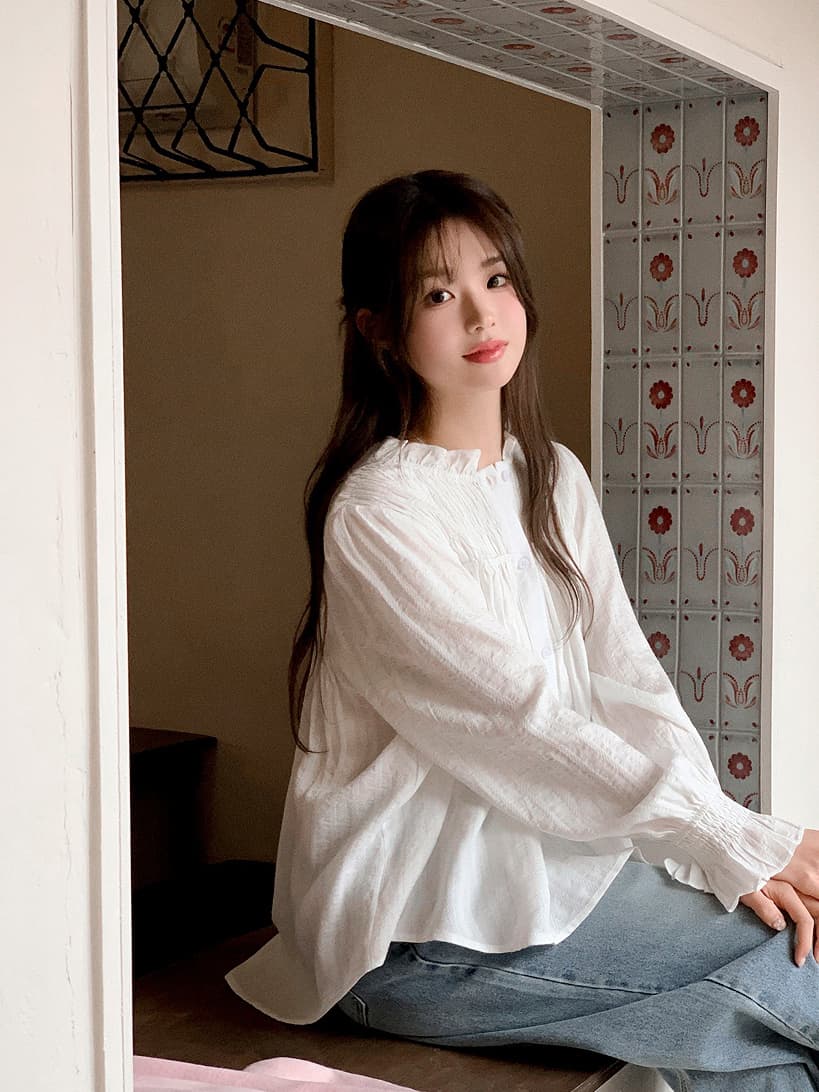 Chic 달콤함 나팔 소매 셔츠 한국 스타일 chic 작은 대중 디자인 센스 맨위 여성 셔츠 상세 이미지 9