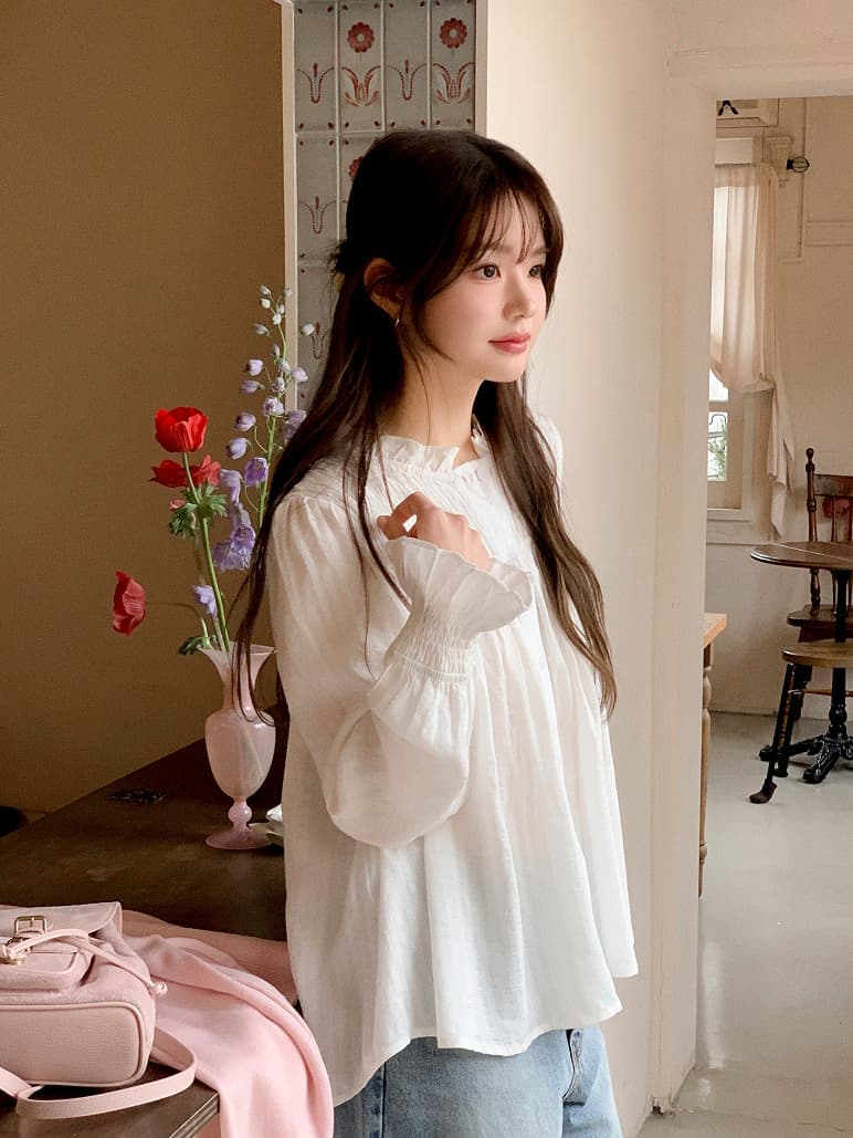 Chic 달콤함 나팔 소매 셔츠 한국 스타일 chic 작은 대중 디자인 센스 맨위 여성 셔츠 상세 이미지 12