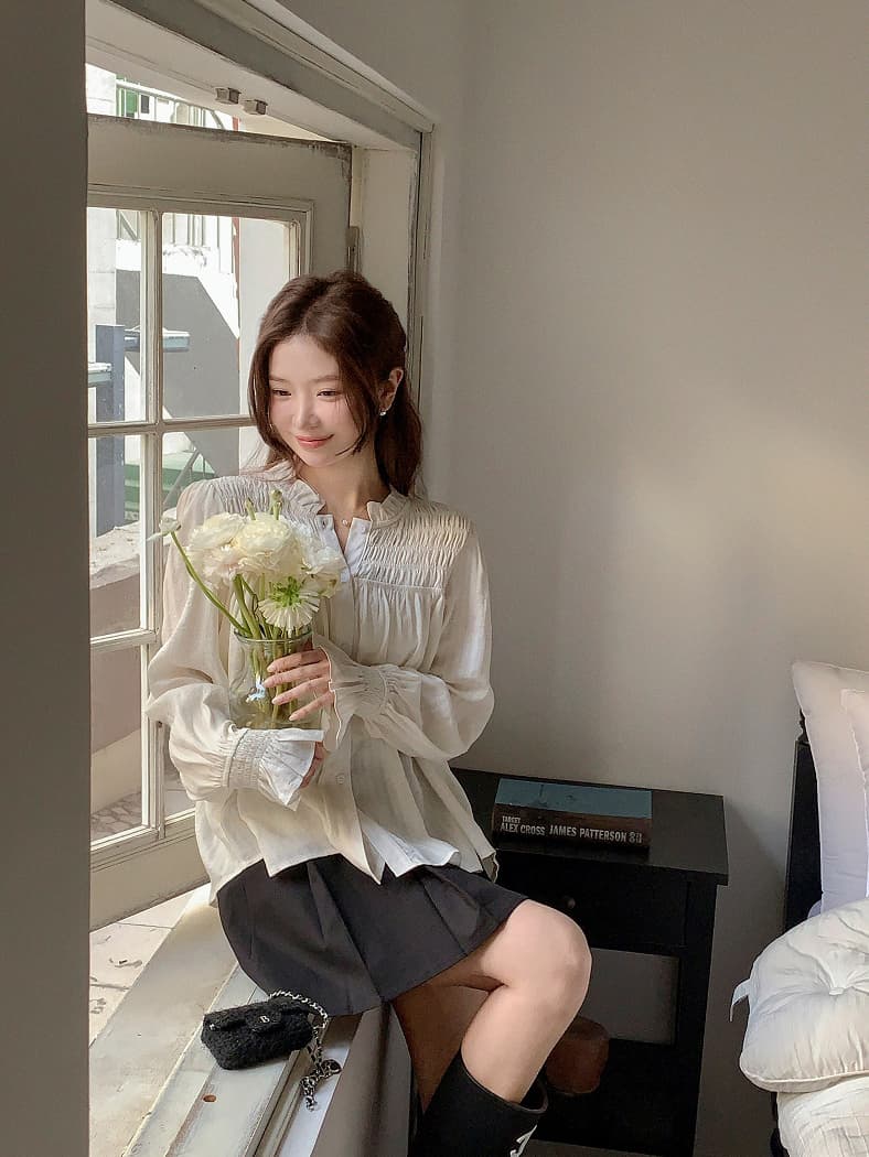Chic 달콤함 나팔 소매 셔츠 한국 스타일 chic 작은 대중 디자인 센스 맨위 여성 셔츠 상세 이미지 14
