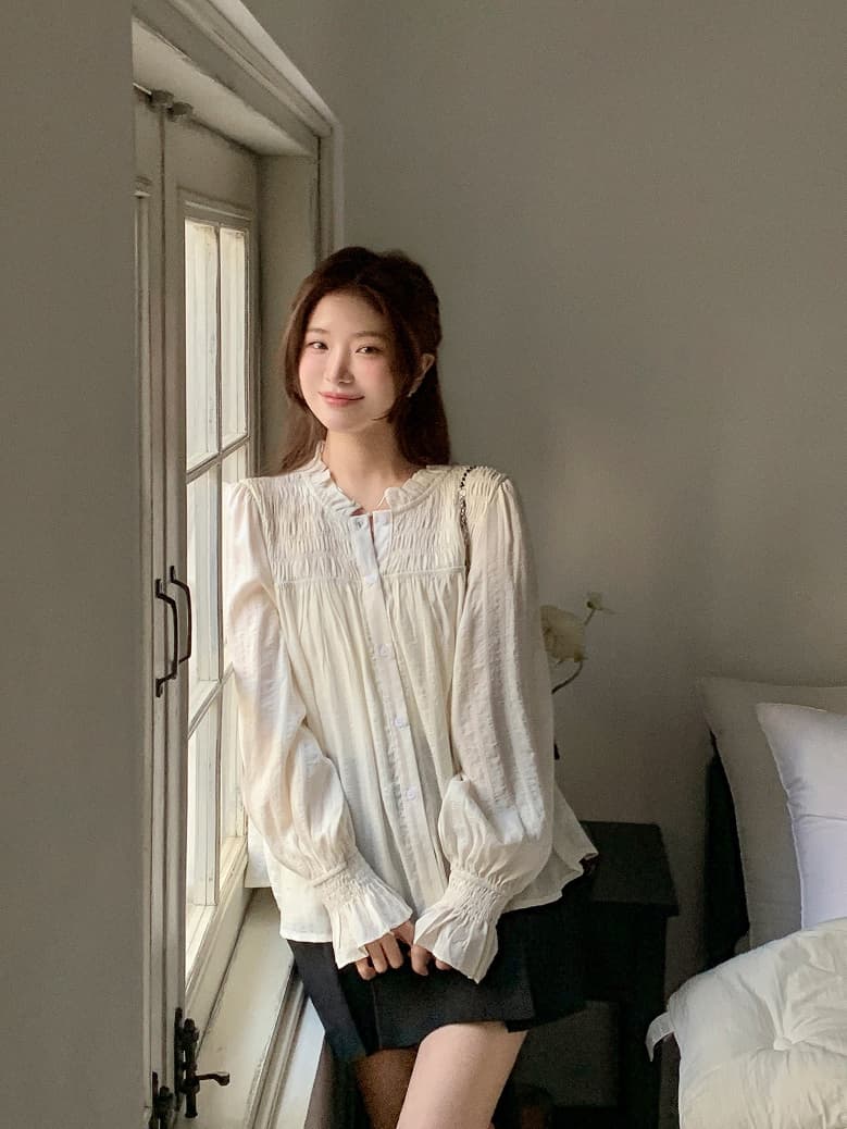Chic 달콤함 나팔 소매 셔츠 한국 스타일 chic 작은 대중 디자인 센스 맨위 여성 셔츠 상세 이미지 20