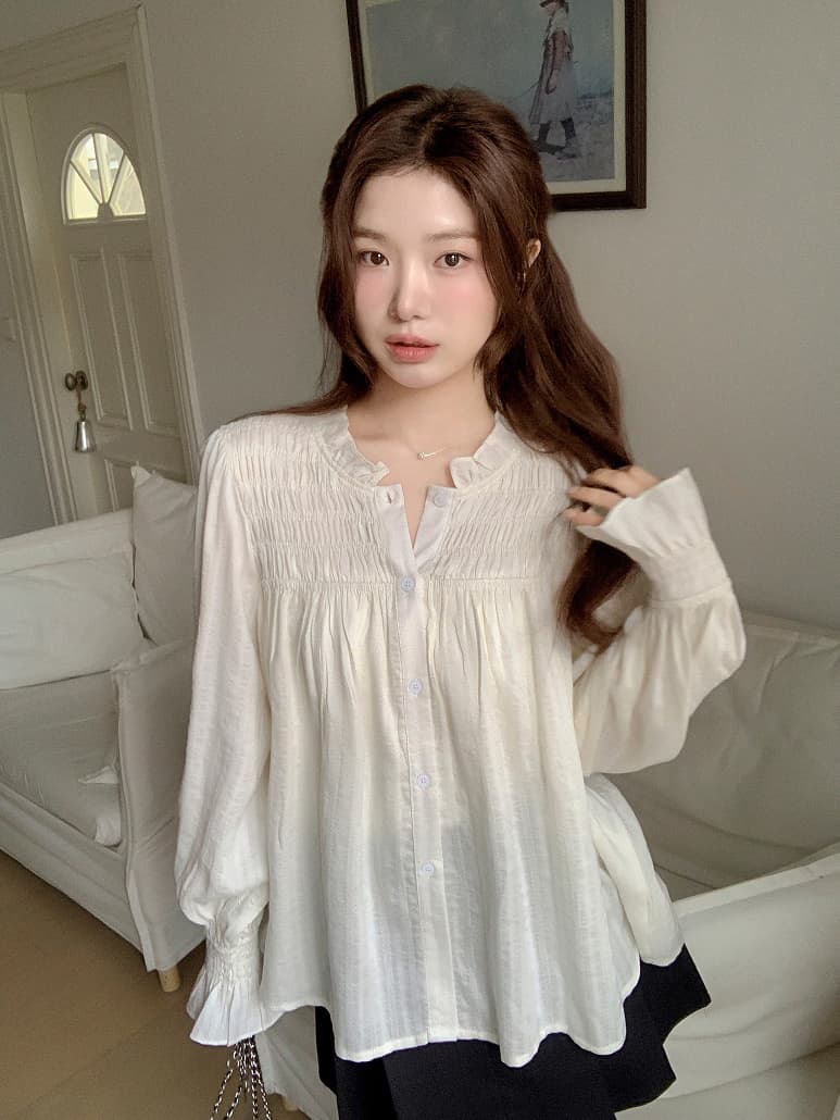 Chic 달콤함 나팔 소매 셔츠 한국 스타일 chic 작은 대중 디자인 센스 맨위 여성 셔츠 상세 이미지 22